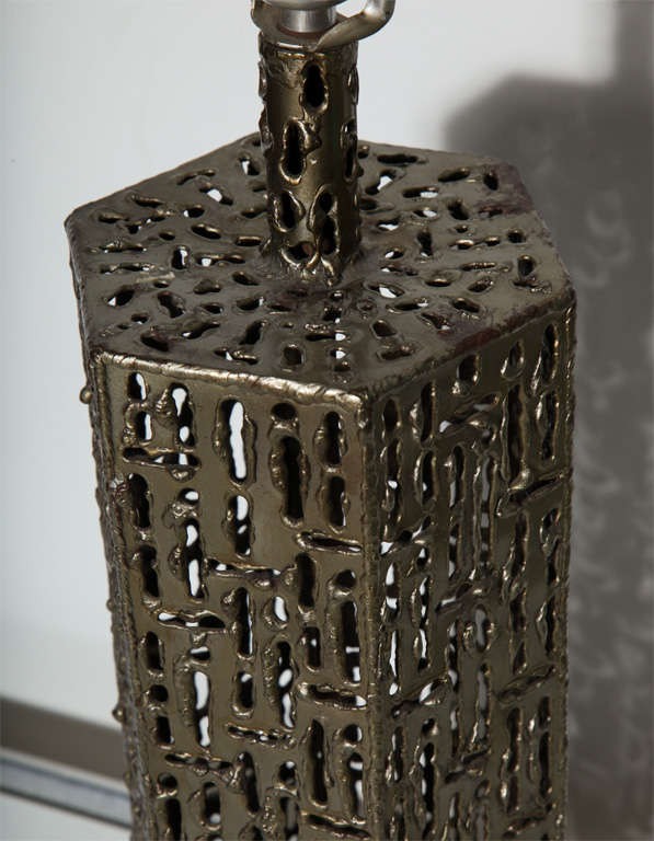 Pair of Marcello Fantoni Torch Cut Bronzed Brass Brutalist Hexagonal Table Lamps 1