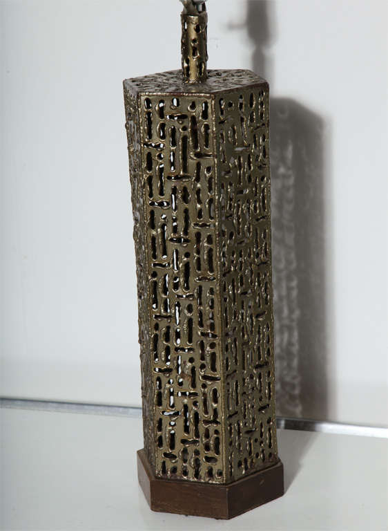 Pair of Marcello Fantoni Torch Cut Bronzed Brass Brutalist Hexagonal Table Lamps 3