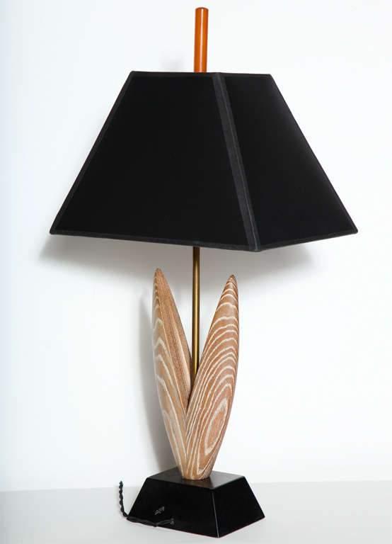 Enameled Pair Yasha Heifetz Cerused Oak Tulip Leaf Table Lamps with Black Shades, 1950S For Sale