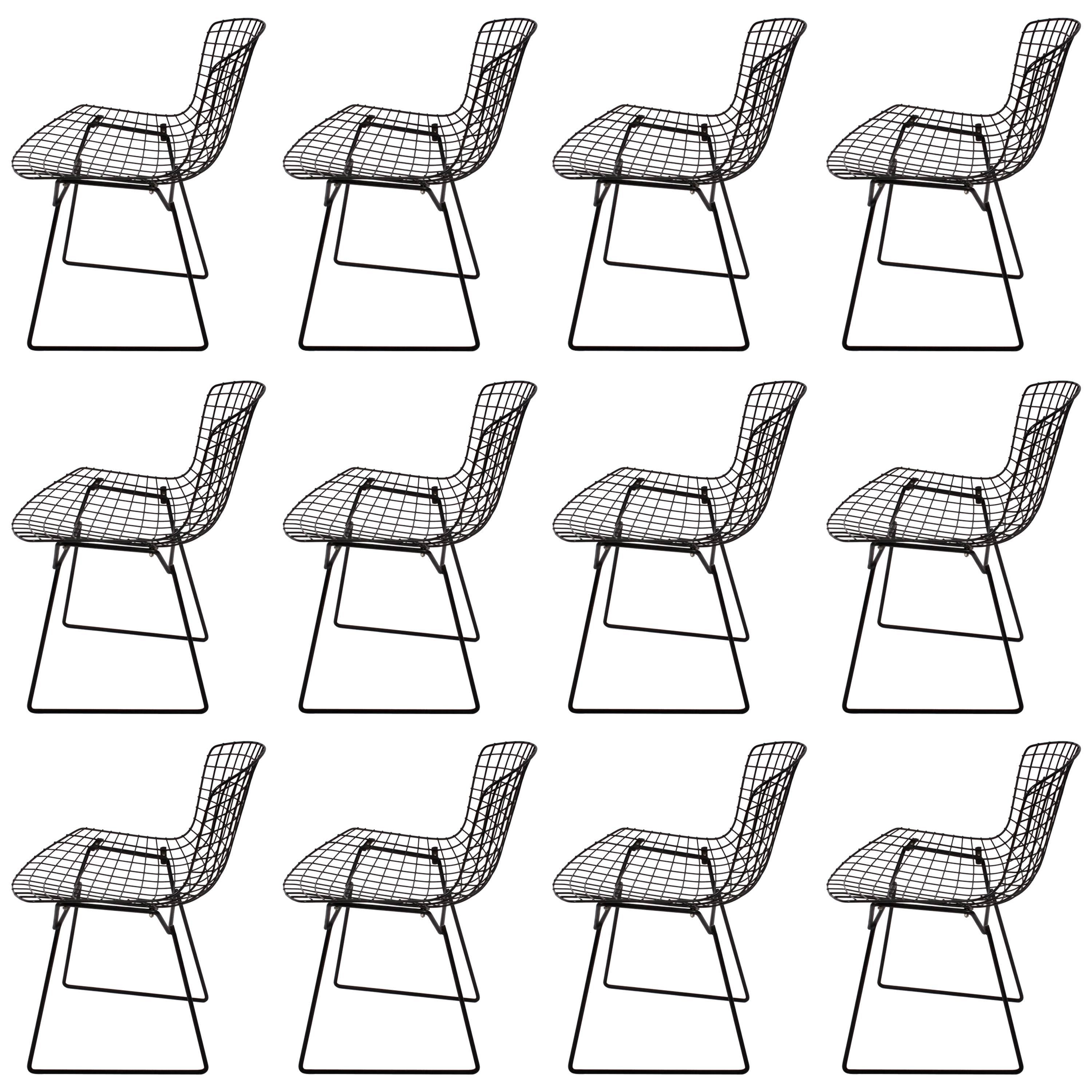 Set of 12 Original Harry Bertoia for Knoll Black Wire Side Chairs, Circa 1960