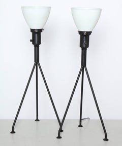 Pair Gerald Thurston Lightolier Black Iron Tripod Table Lamps with Glass Shades