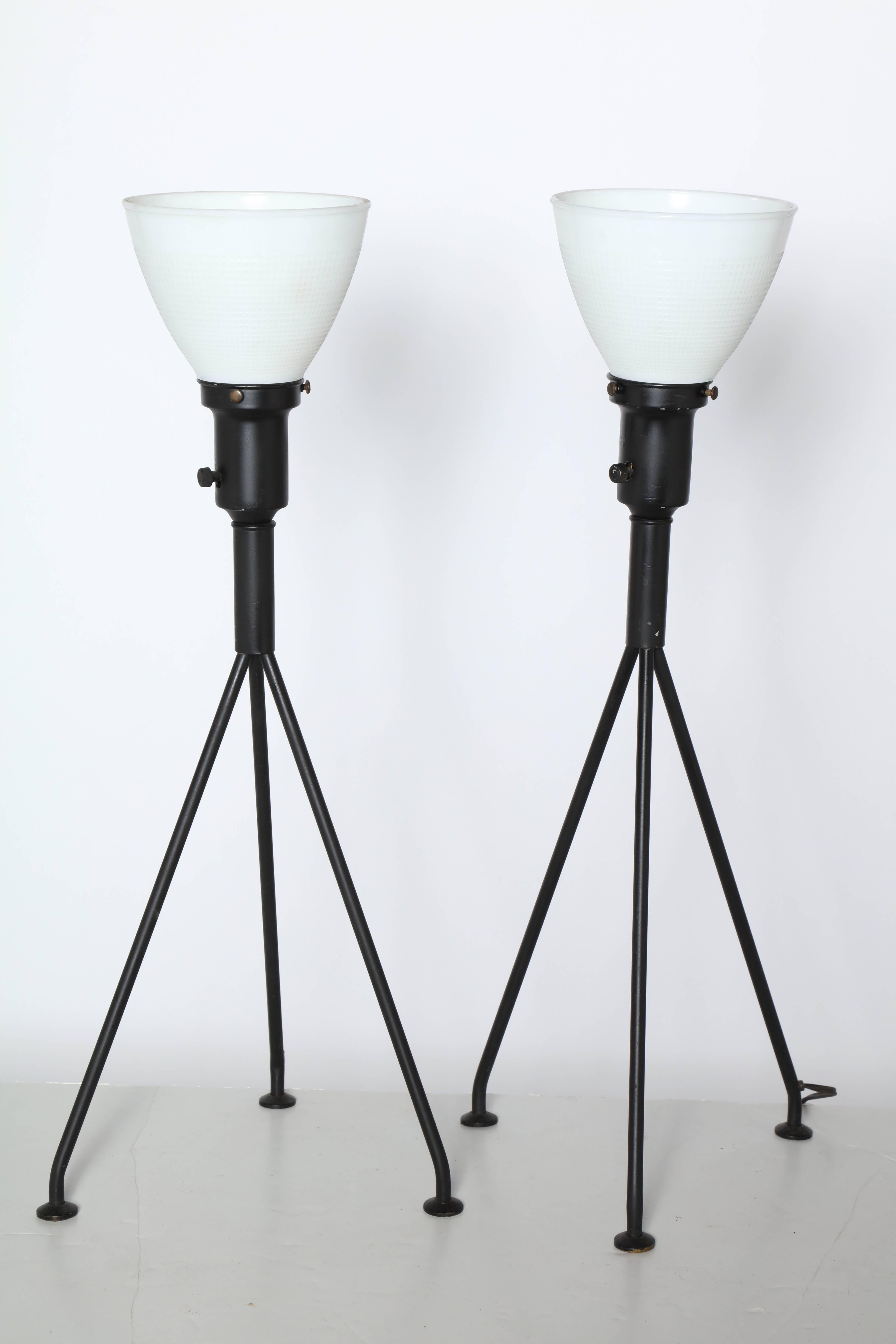 American Pair Gerald Thurston Black Iron Tripod Table Lamps with Milk Glass Shades For Sale