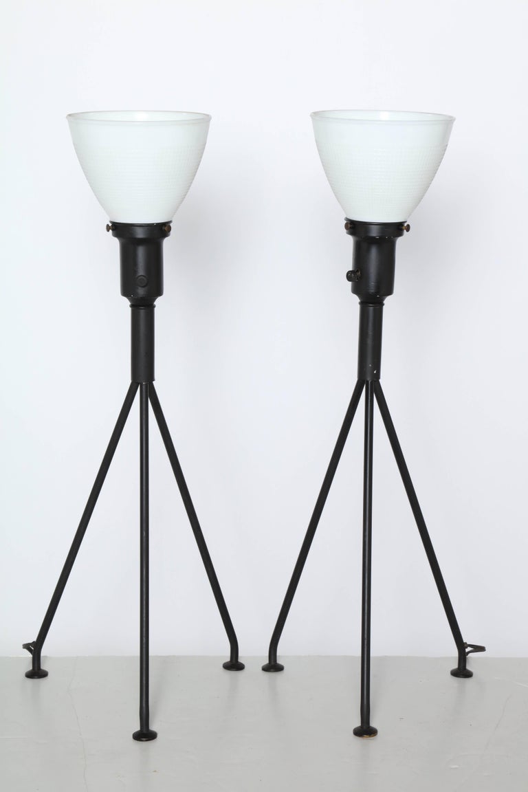 Painted Pair Gerald Thurston Black Iron Tripod Table Lamps with Milk Glass Liner Shades For Sale