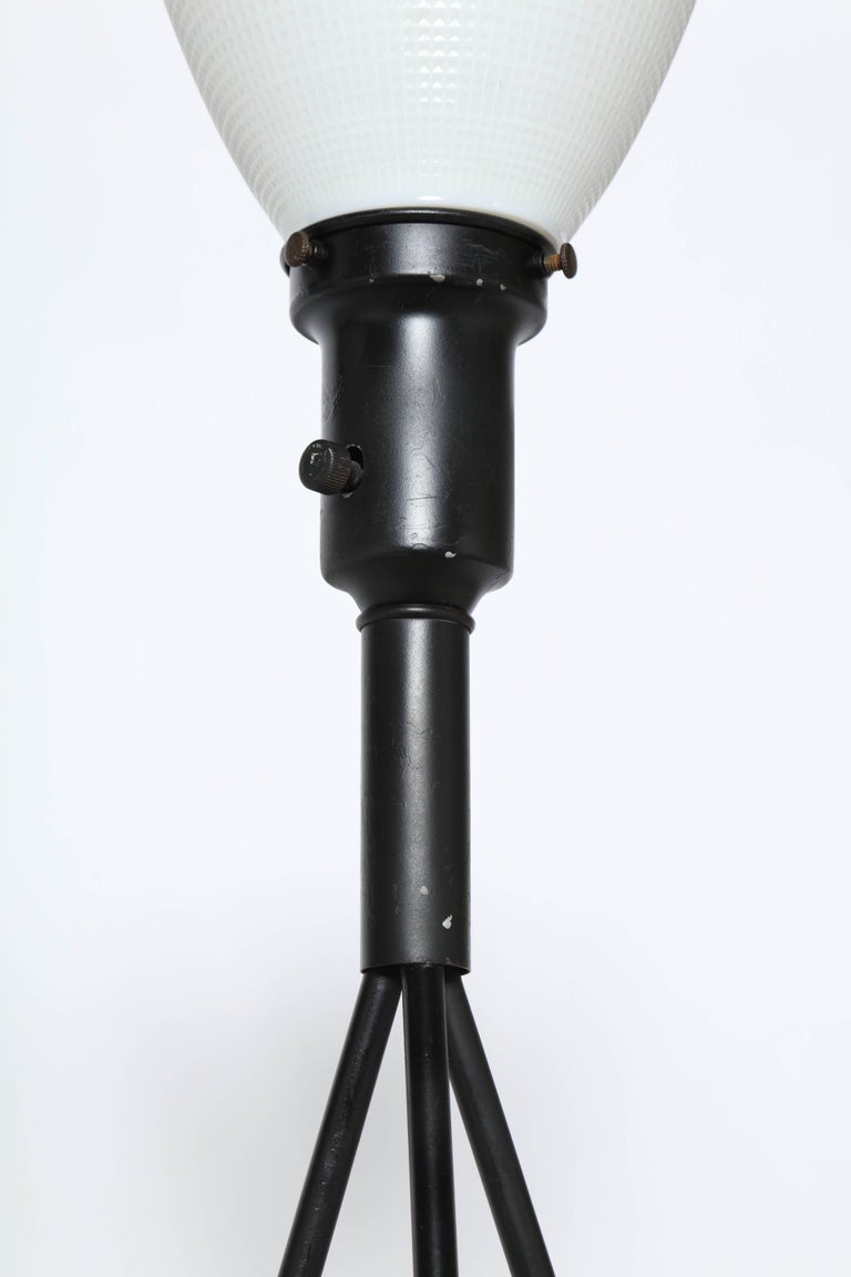 Steel Pair Gerald Thurston Black Iron Tripod Table Lamps with Milk Glass Liner Shades For Sale