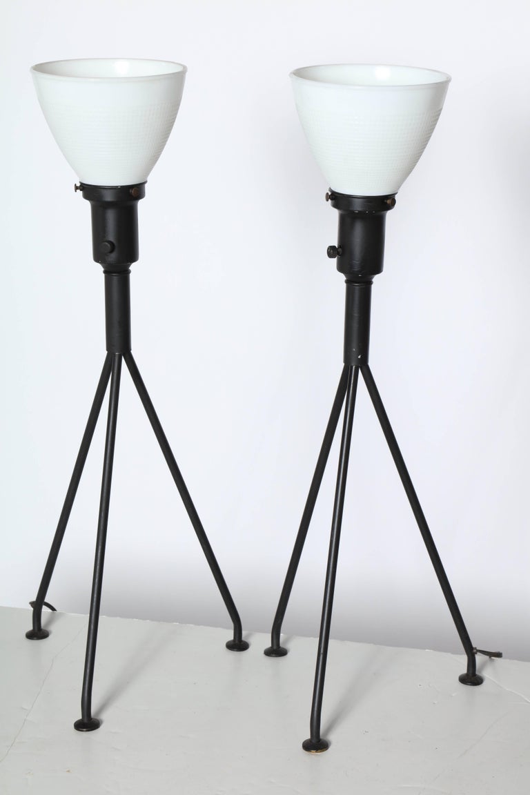 Pair Gerald Thurston Black Iron Tripod Table Lamps with Milk Glass Liner Shades For Sale 1