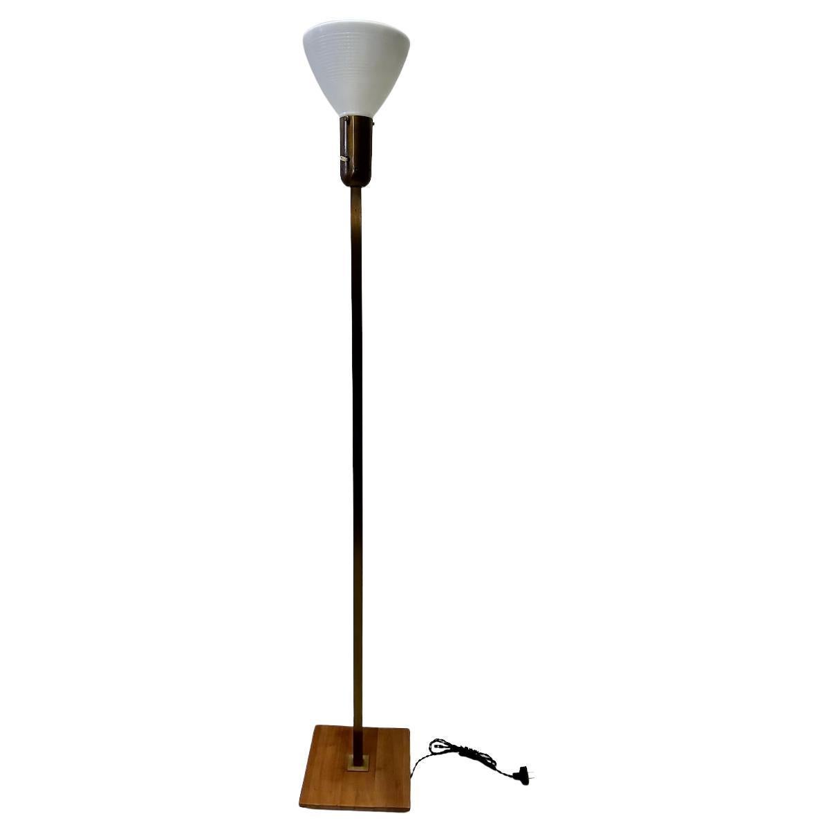 Nessen Studios Brass & Walnut Floor Lamp with White Glass Shade, 1950's