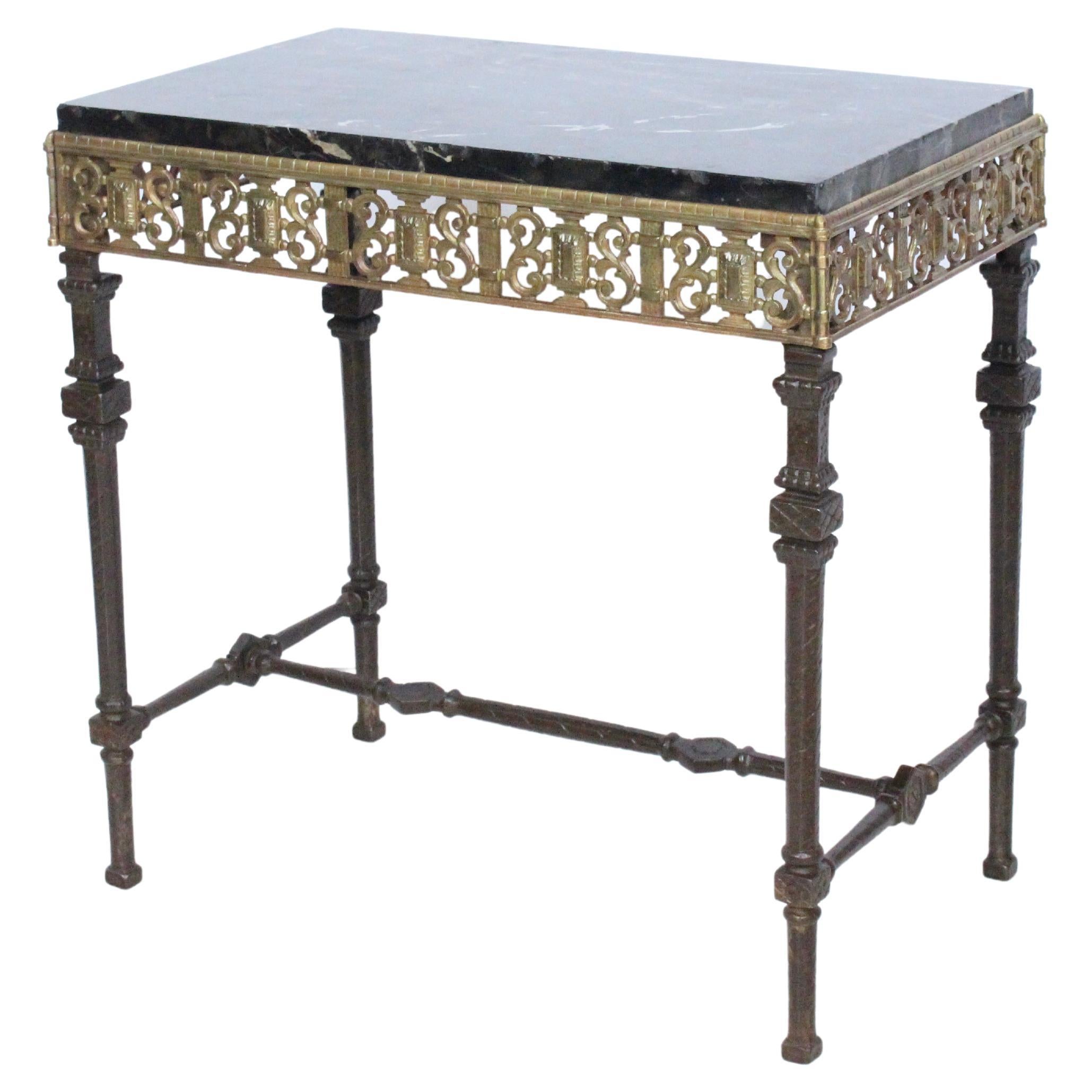 Oscar Bach Style Marble, Burnished Bronze and Iron Occasional Table, 1920s