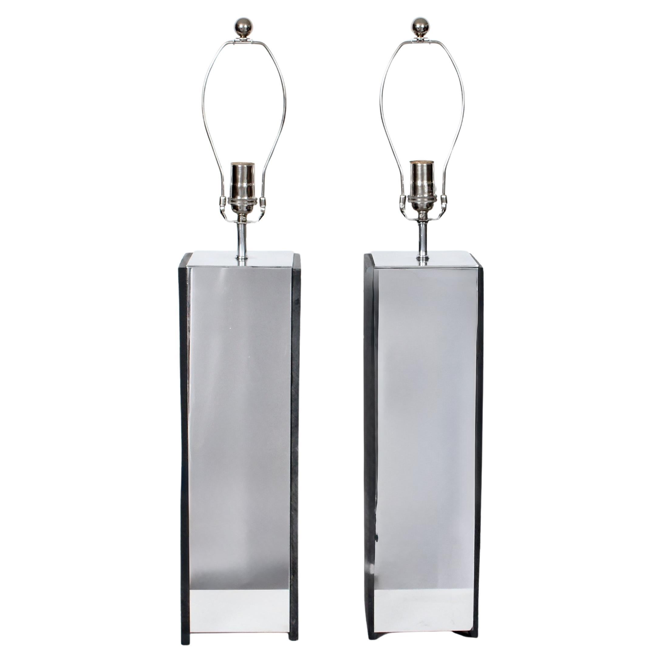 Substantial Pair Laurel Lamp Co. Charcoal Slate & Mirrored Aluminum Table Lamps