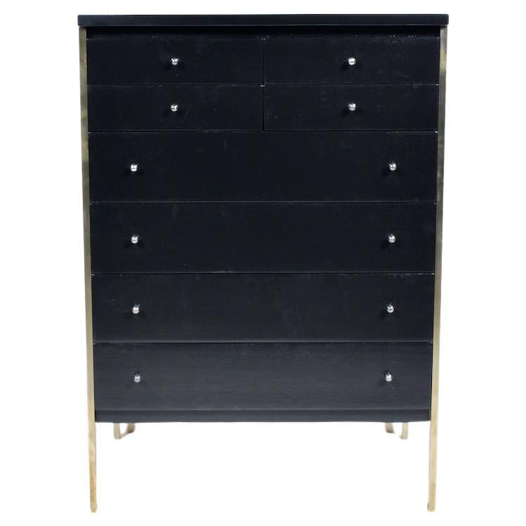Paul McCobb for Directional Black Eight Drawer Chest with Brass Leg Posts