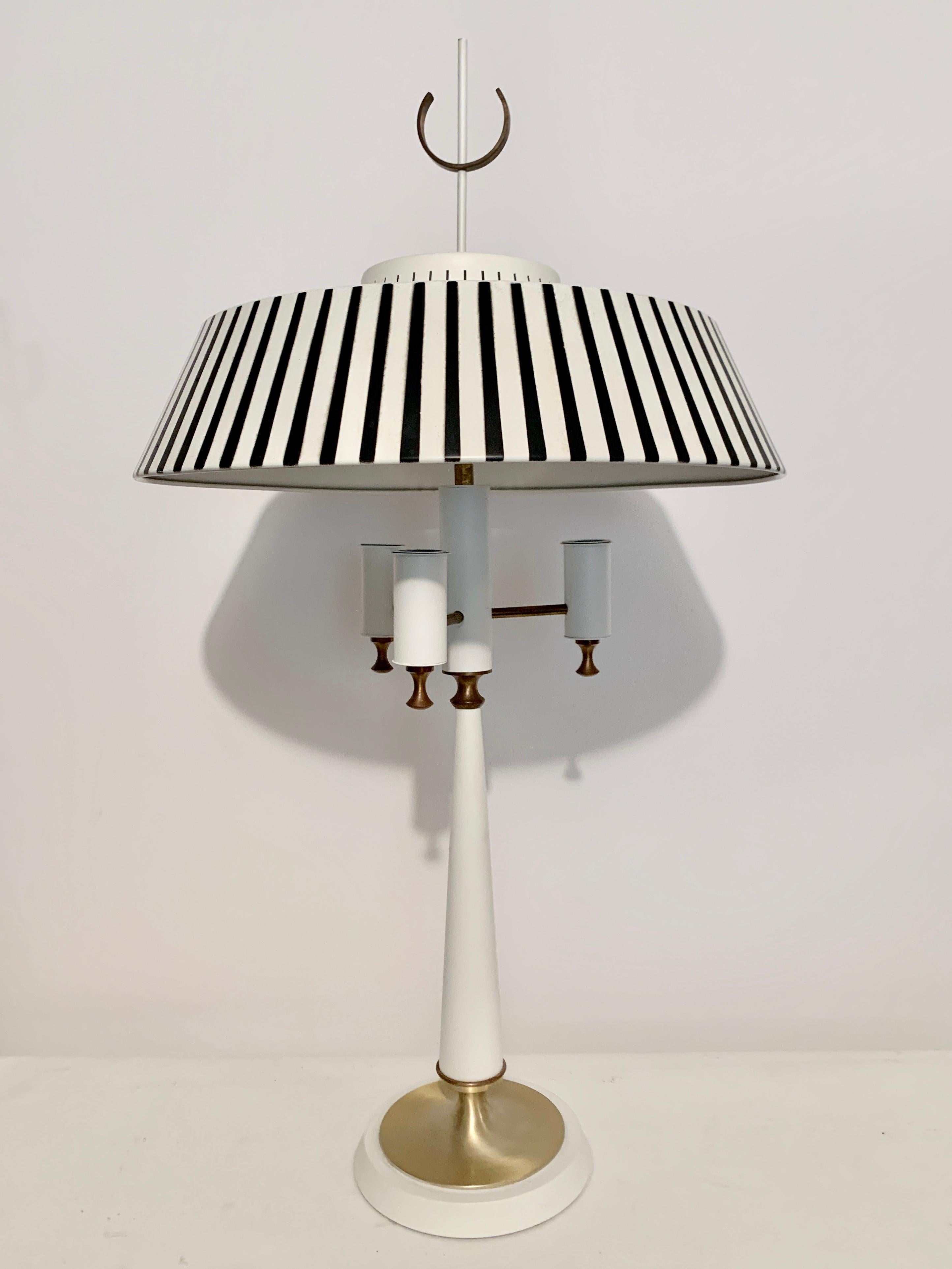 Gerald Thurston White Candlestick Lamp with Black & White Stripe Metal Shade For Sale 9