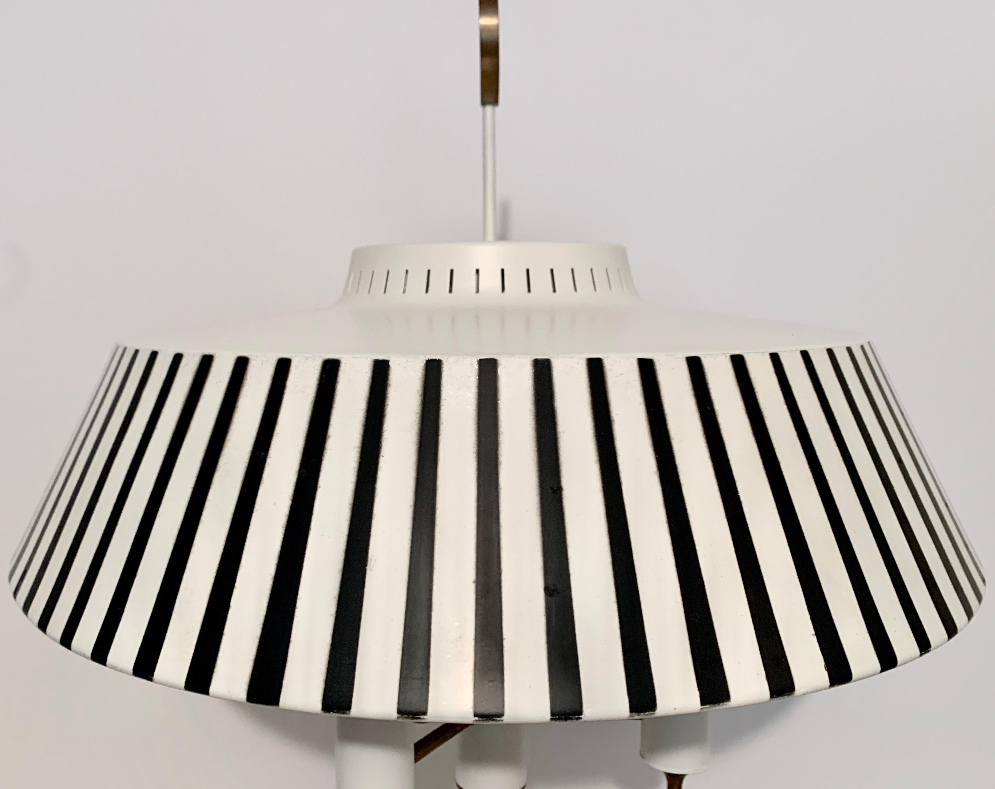 Gerald Thurston White Candlestick Lamp with Black & White Stripe Metal Shade For Sale 2