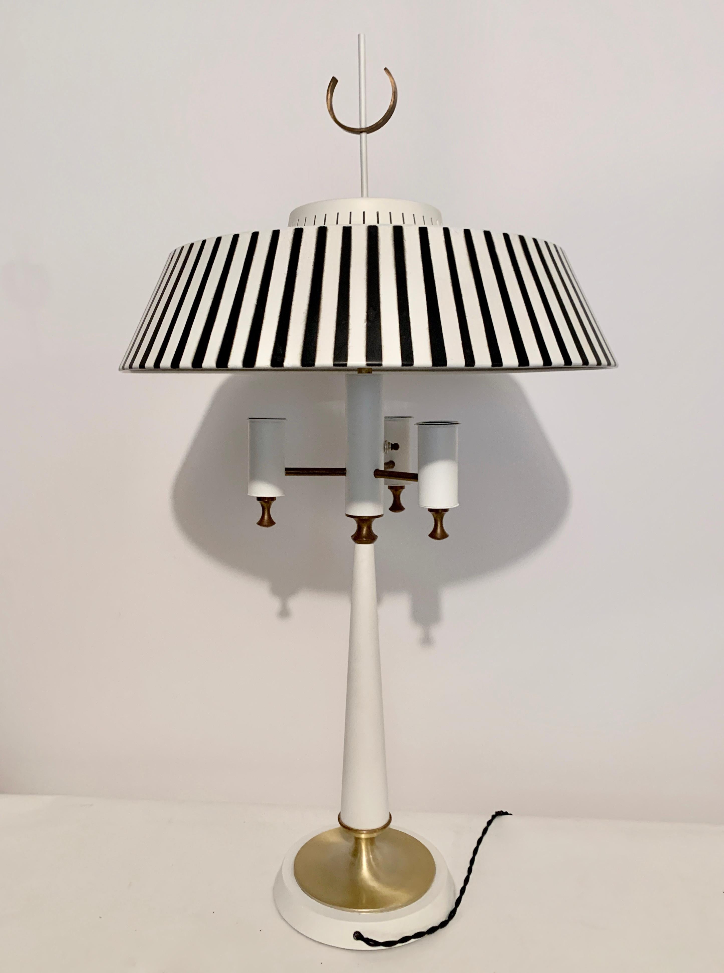 Gerald Thurston White Candlestick Lamp with Black & White Stripe Metal Shade For Sale 8