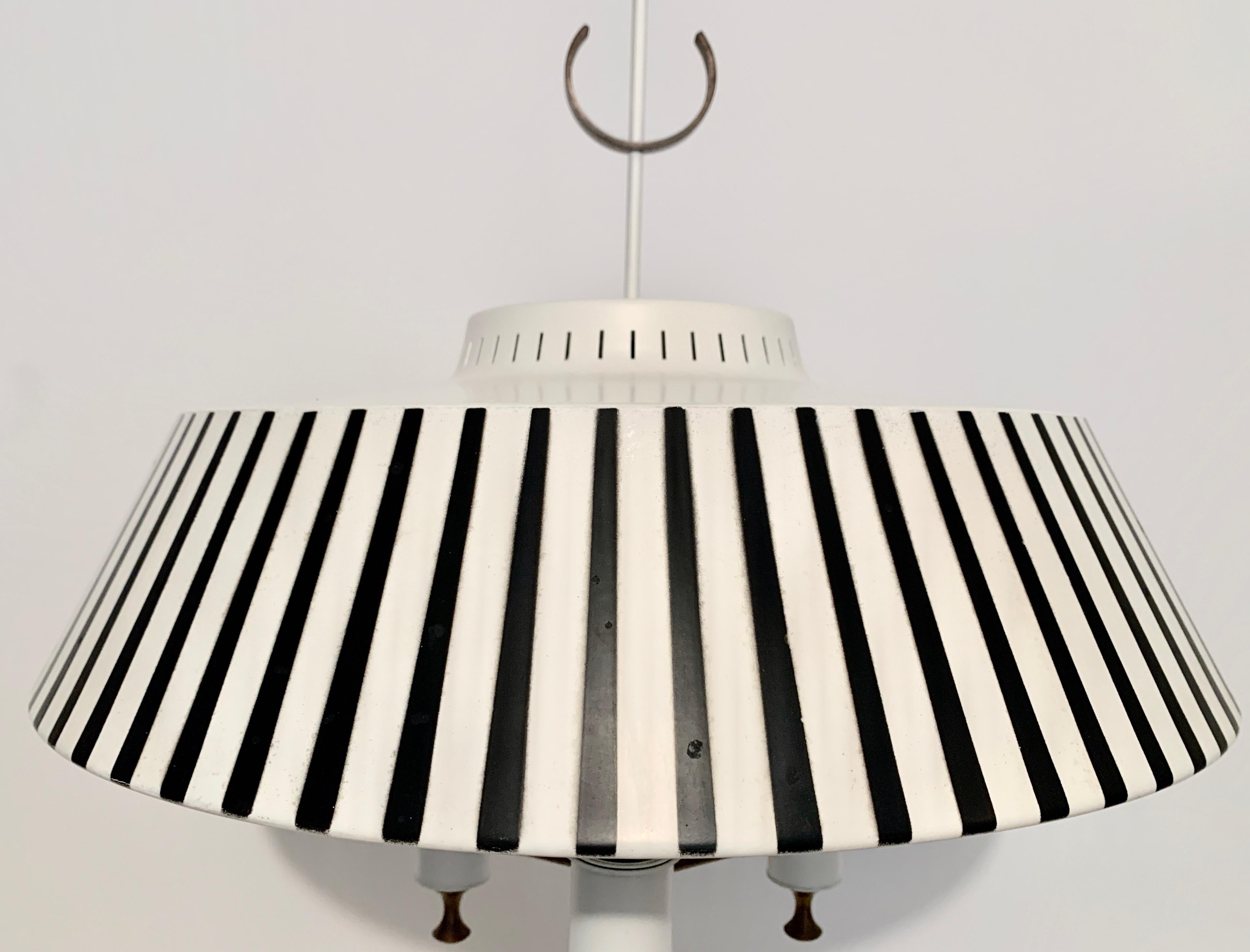 Gerald Thurston White Candlestick Lamp with Black & White Stripe Metal Shade For Sale 1