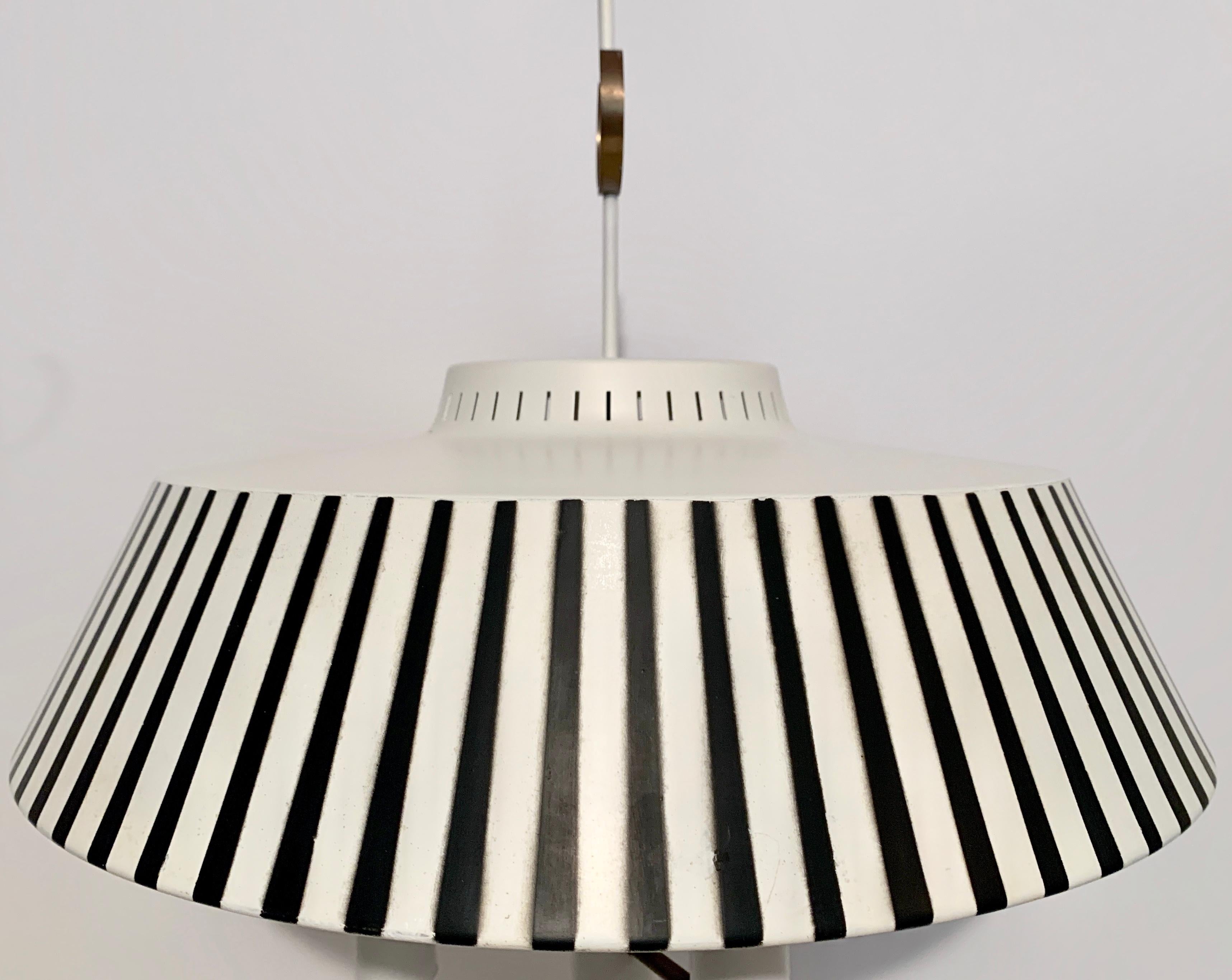 Gerald Thurston White Candlestick Lamp with Black & White Stripe Metal Shade For Sale 4
