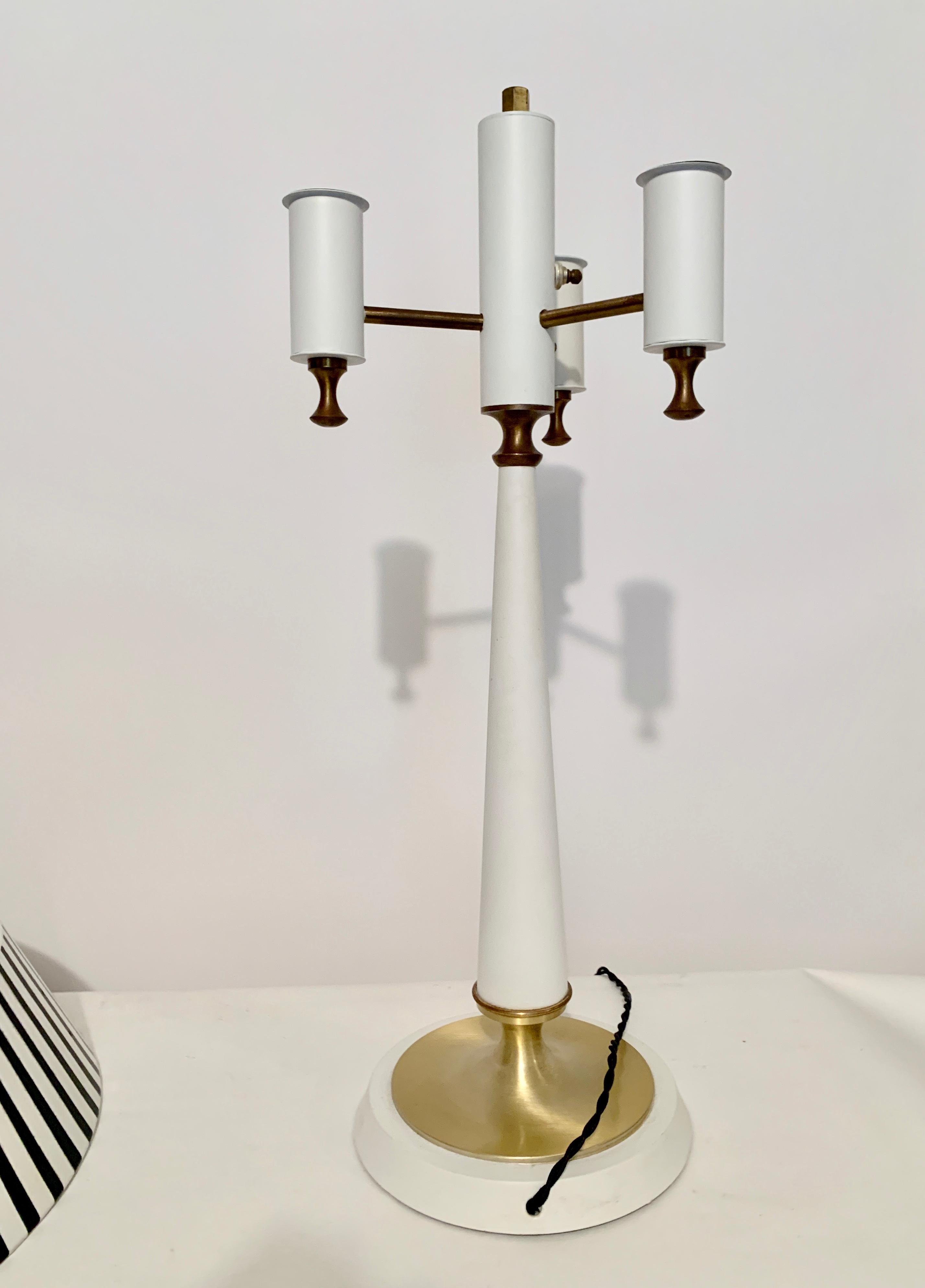 Hollywood Regency Gerald Thurston White Candlestick Lamp with Black & White Stripe Metal Shade For Sale