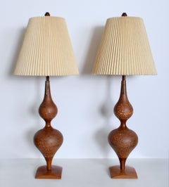 Tall Pair of Double Gourd Russet Art Pottery & Walnut Table Lamps, C. 1960