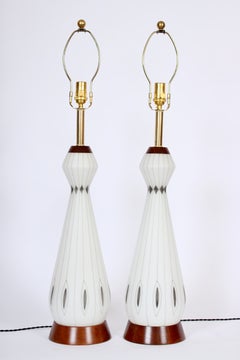 1950s Pair of Frosted White Glass Table Lamps with Silver Overlay