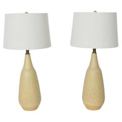 Tall Pair Lee Rosen for Design Technics Textured Pale Mustard Pottery Lamps