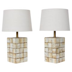 Pair of Italian Block Table Lamps in Pale Yellow & Cream Terracotta Tile, 1950s
