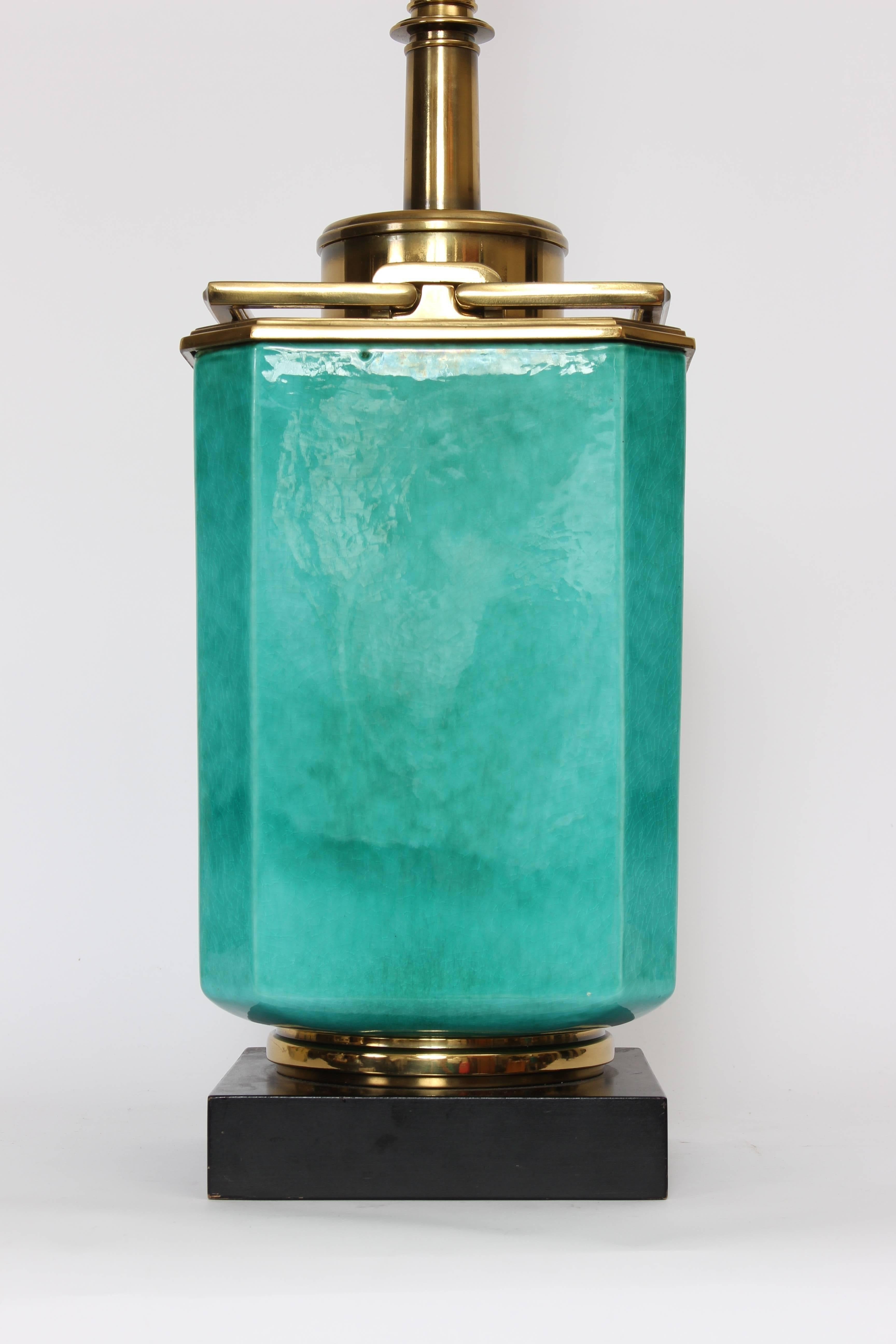 Enameled Tall Edwin Cole for Stiffel Aqua Ceramic & Brass Table Lamp with Glass Shade