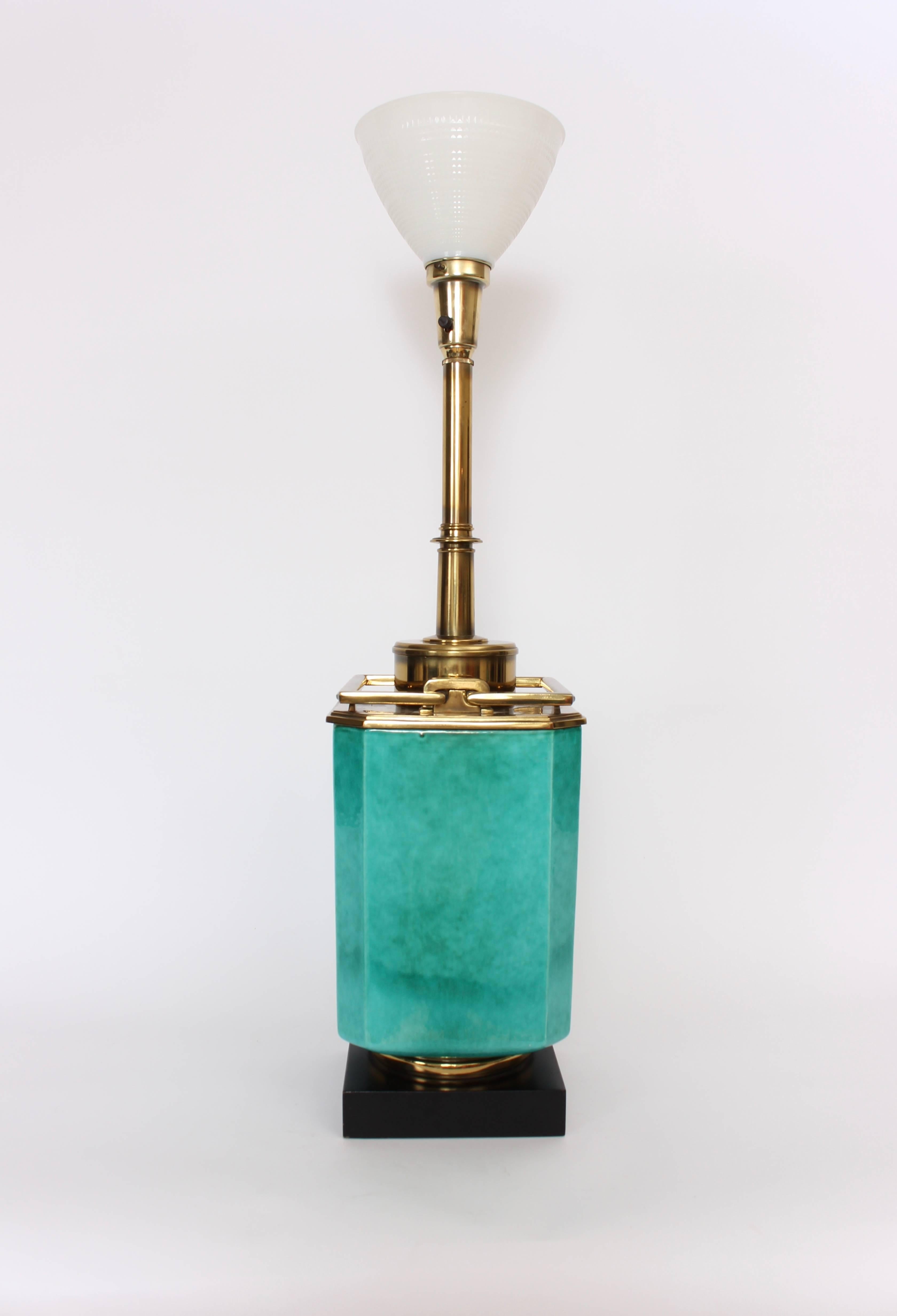 Substantial Edwin Cole for Stiffel Sea Green Ceramic Table Lamp with solid Brass hardware. Featuring Blue Green ceramic body, solid bright Brass hardware, working Brass handles, square Black enameled wood base and replacement White Milk Glass