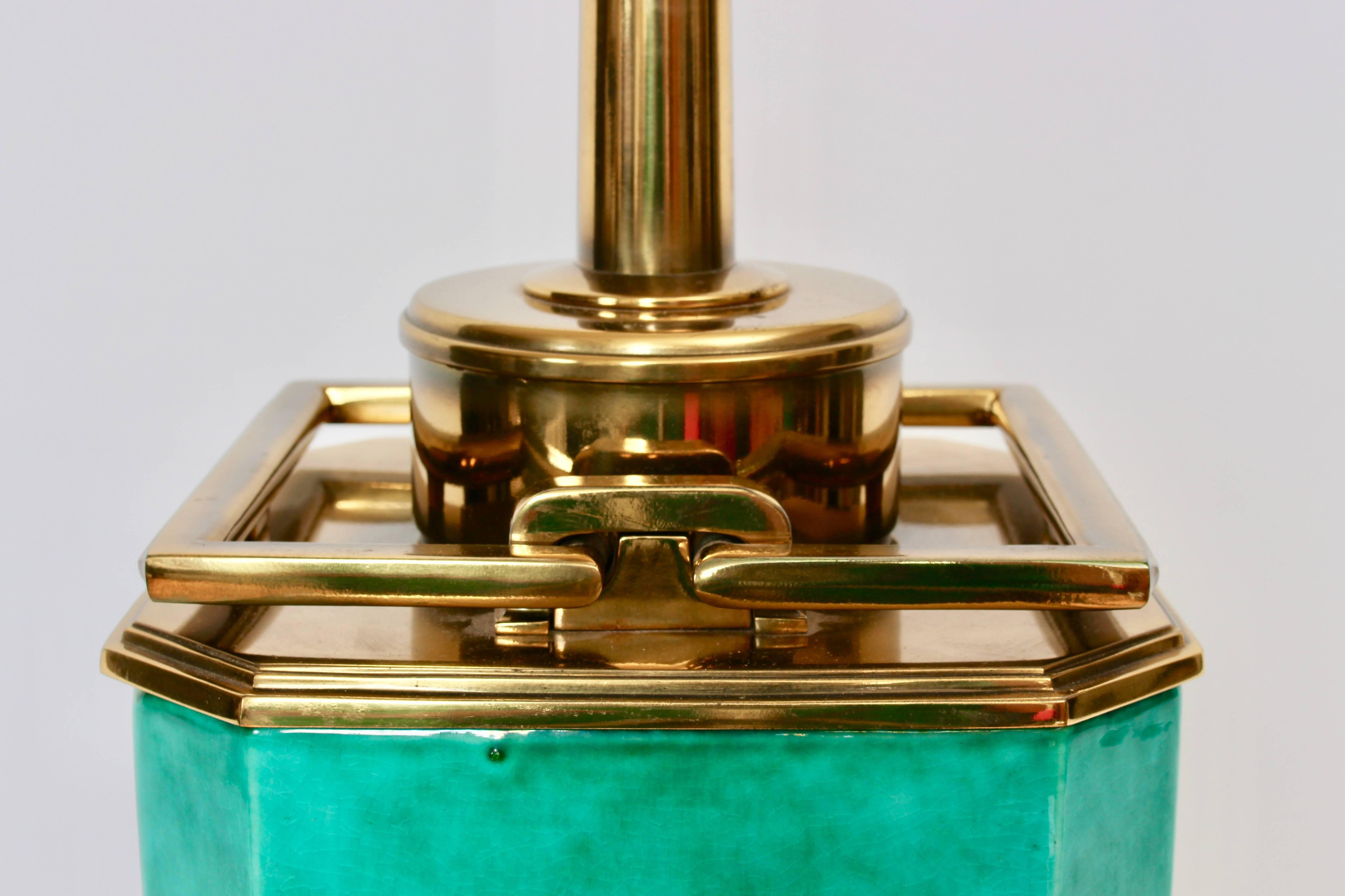 American Tall Edwin Cole for Stiffel Aqua Ceramic & Brass Table Lamp with Glass Shade