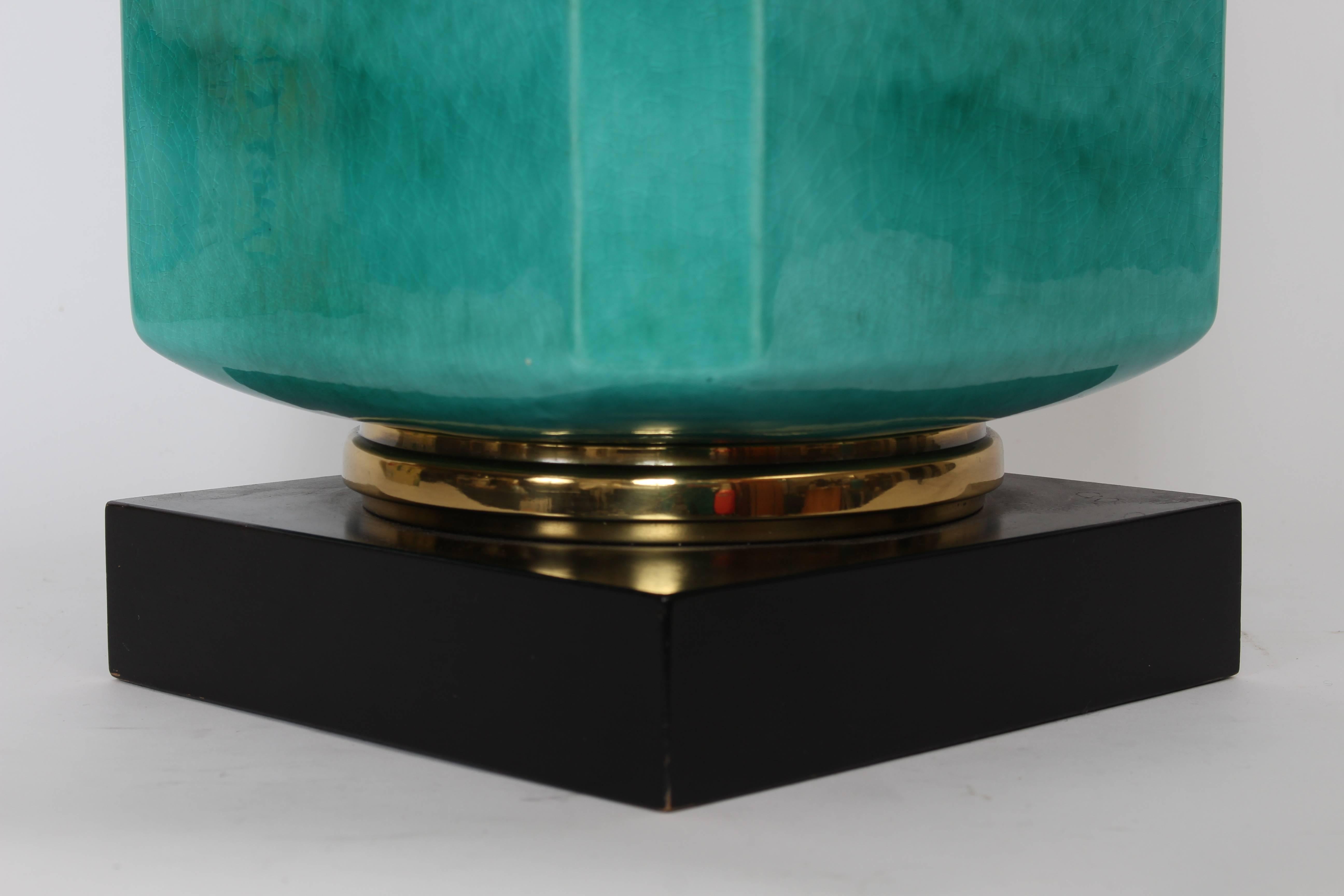 20th Century Tall Edwin Cole for Stiffel Aqua Ceramic & Brass Table Lamp with Glass Shade