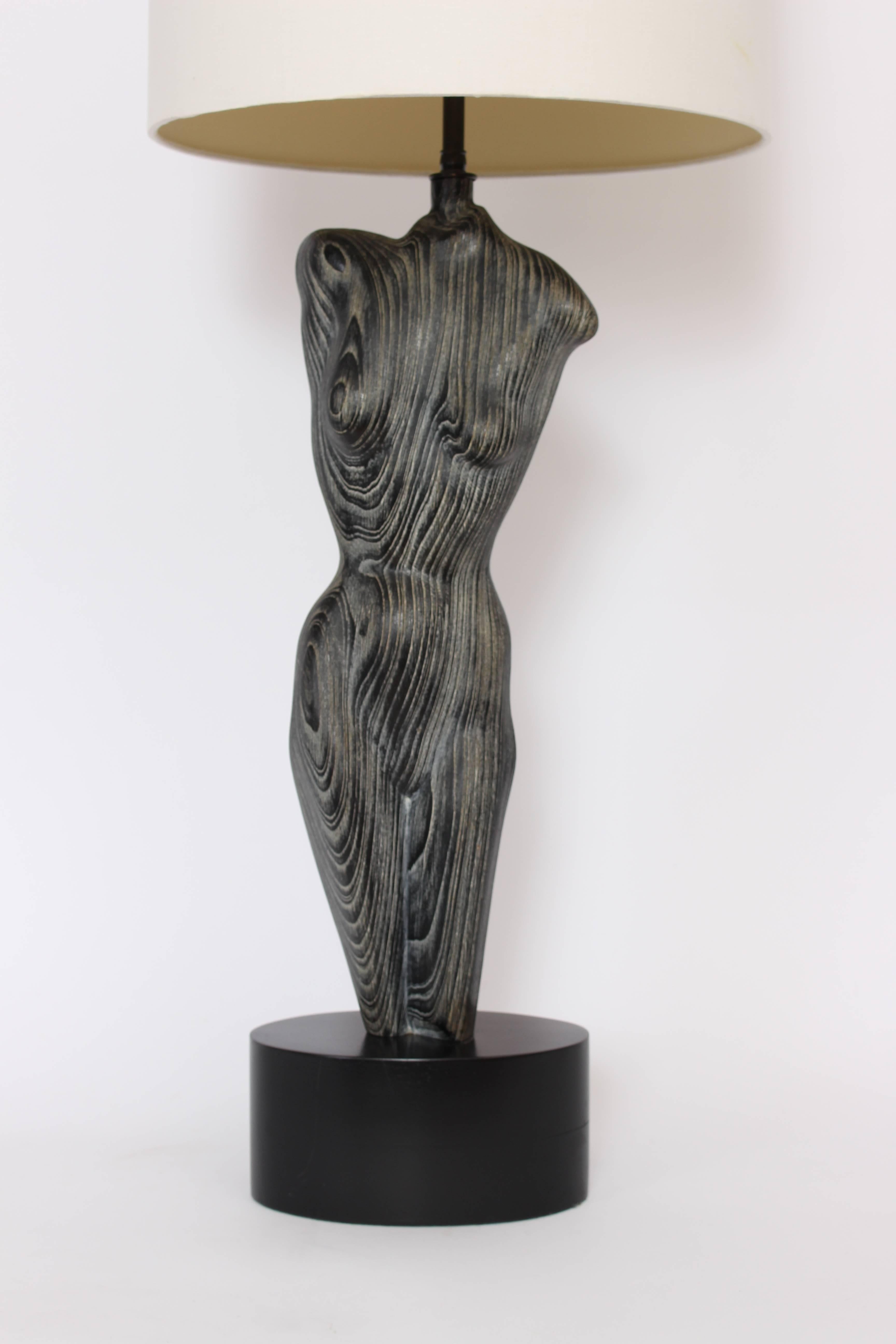 Substantial Yasha Heifetz Female Form Table Lamp in Blackened Cerused Oak, 1950s.  Featuring a Black metal centre column with circular Black enameled base. Original, adjustable double sockets. Shade for display only (12 H x 14d top x 17D bottom). 36