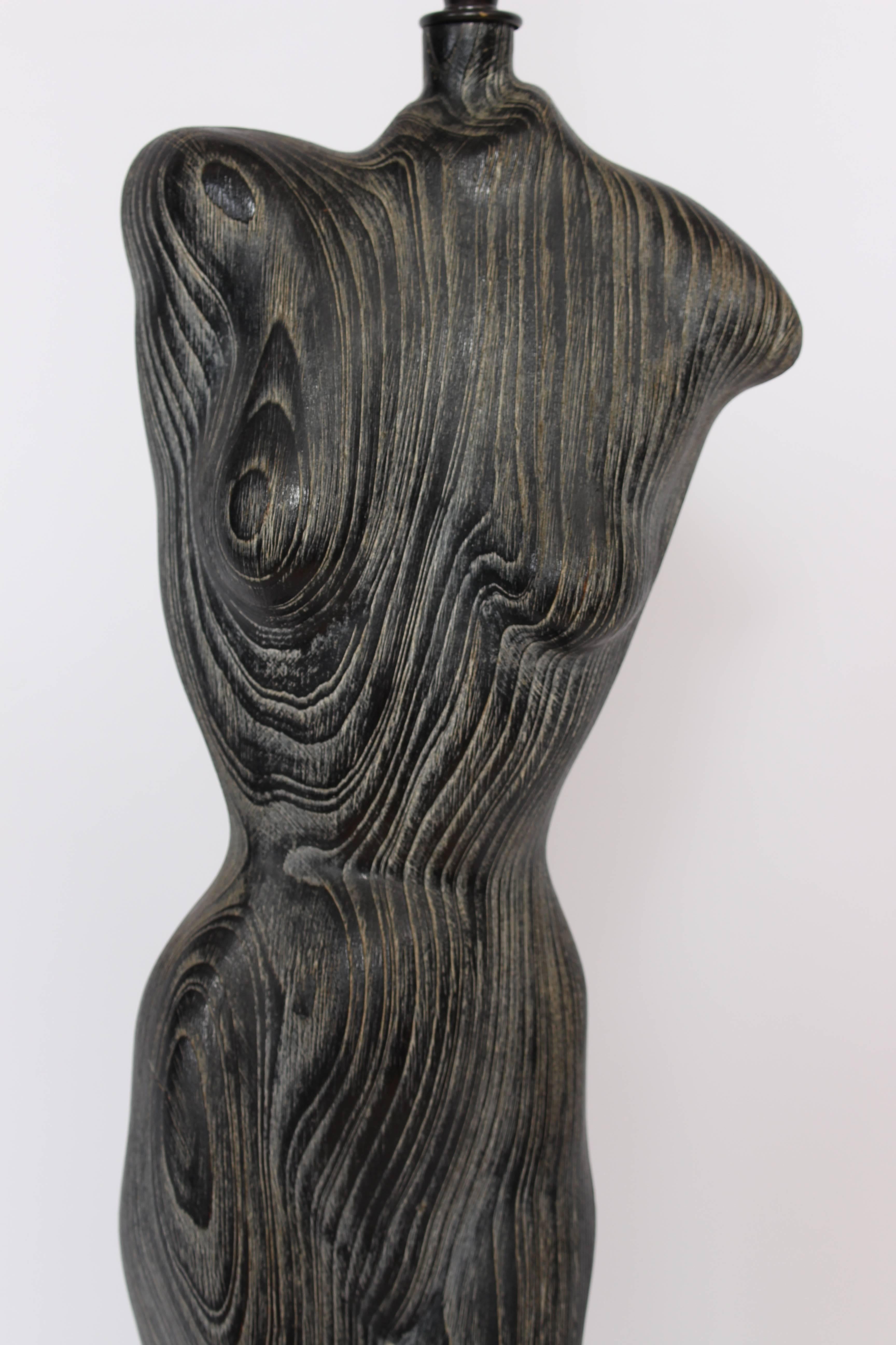 American Tall Heifetz Cerused Oak Female Torso Table Lamp, Circa Early 1950s