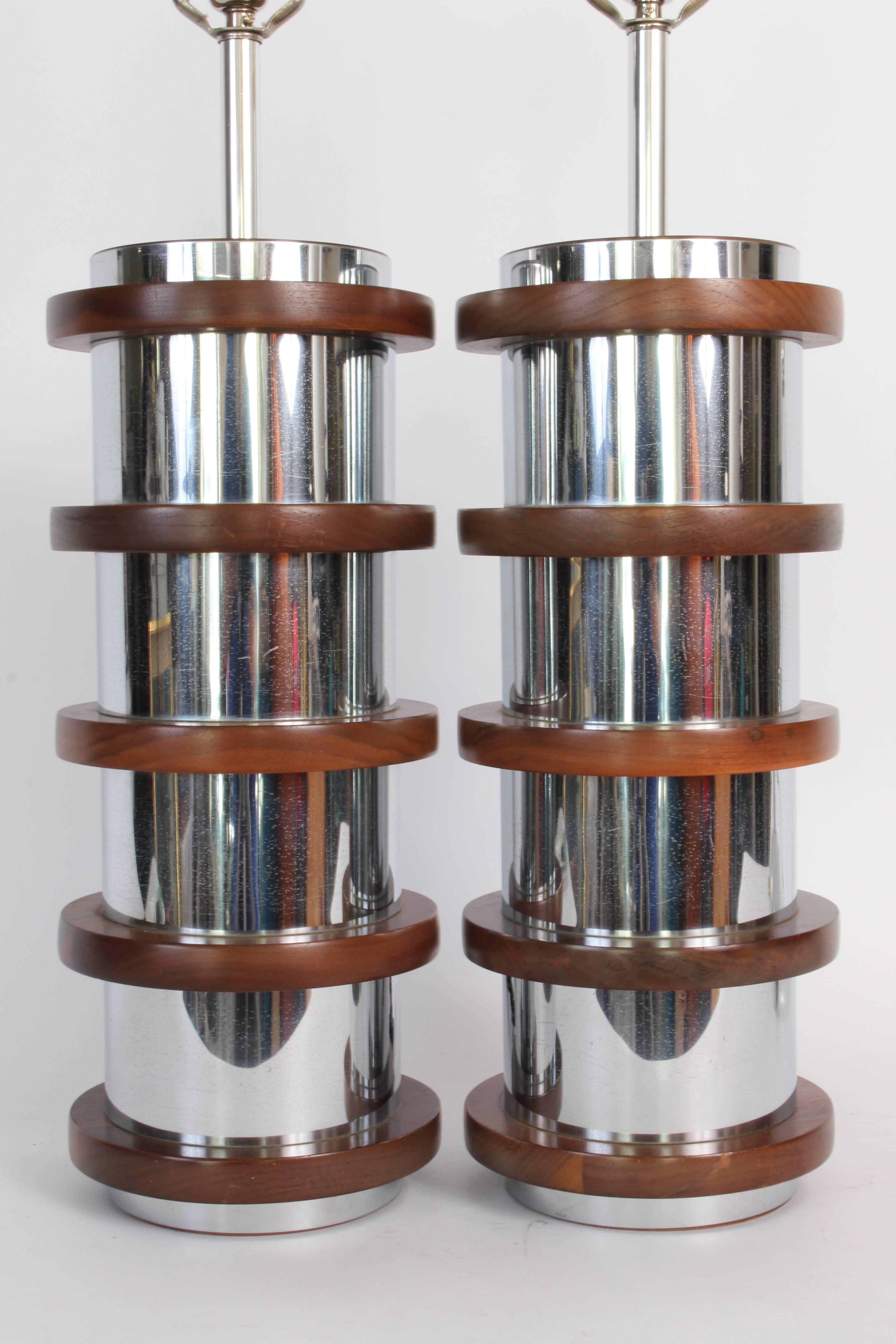 Plated Pair of Industrial Modern Stacked Chrome and Black Walnut Table Lamps, 1960s