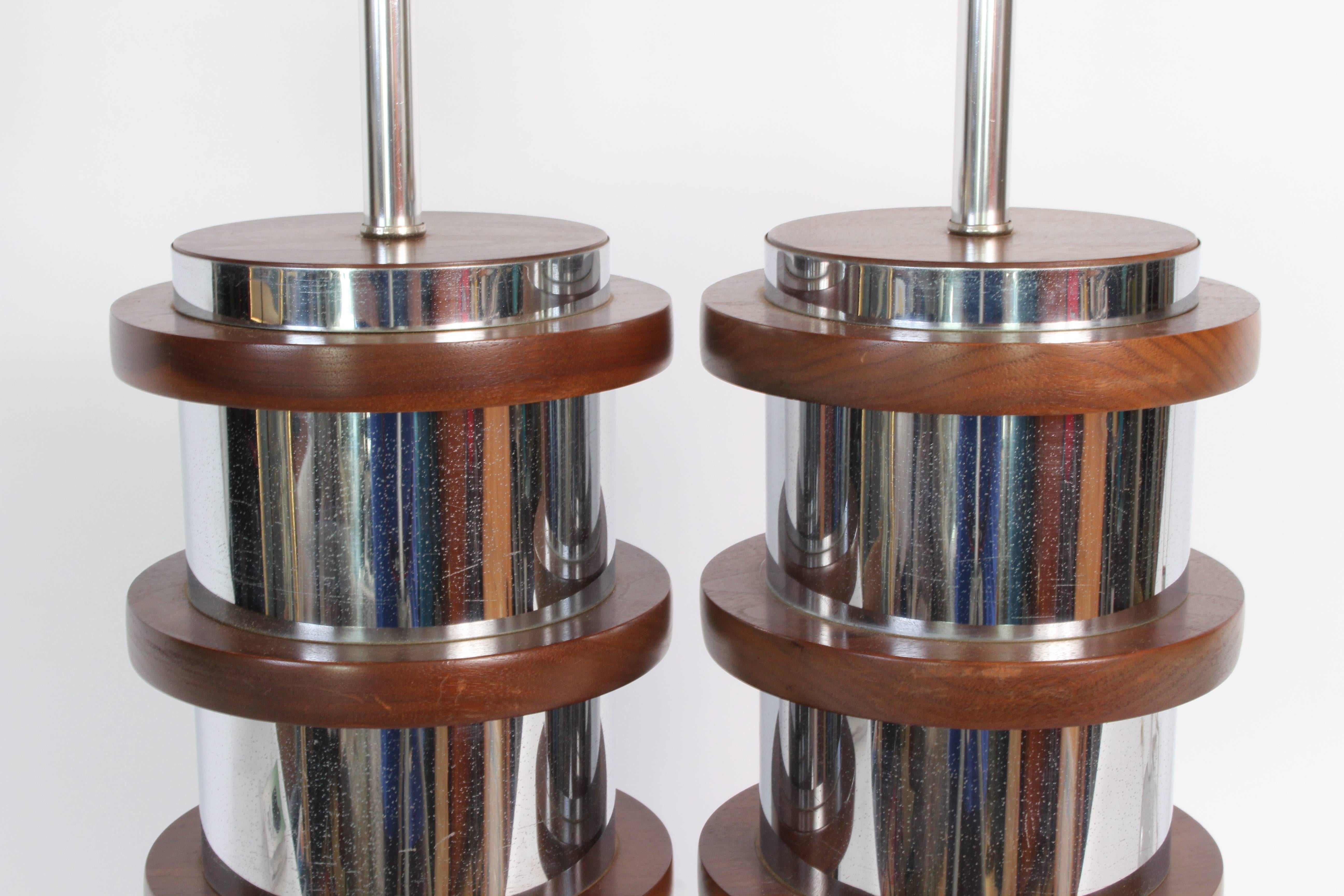 American Pair of Industrial Modern Stacked Chrome and Black Walnut Table Lamps, 1960s