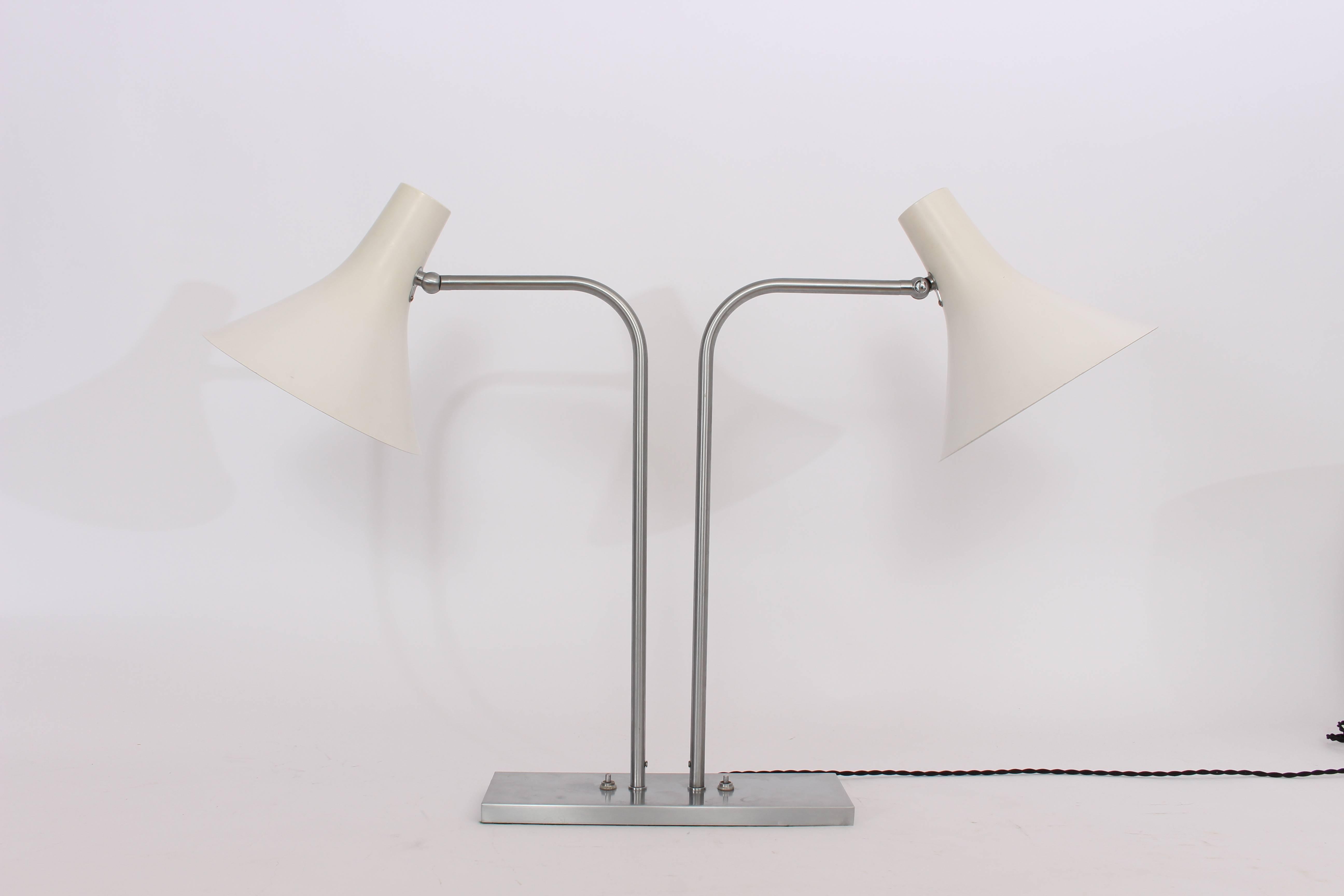 Mid-Century Modern Nessen Studios Brushed Nickel Double Arm Desk Lamp with White Enamel Shades