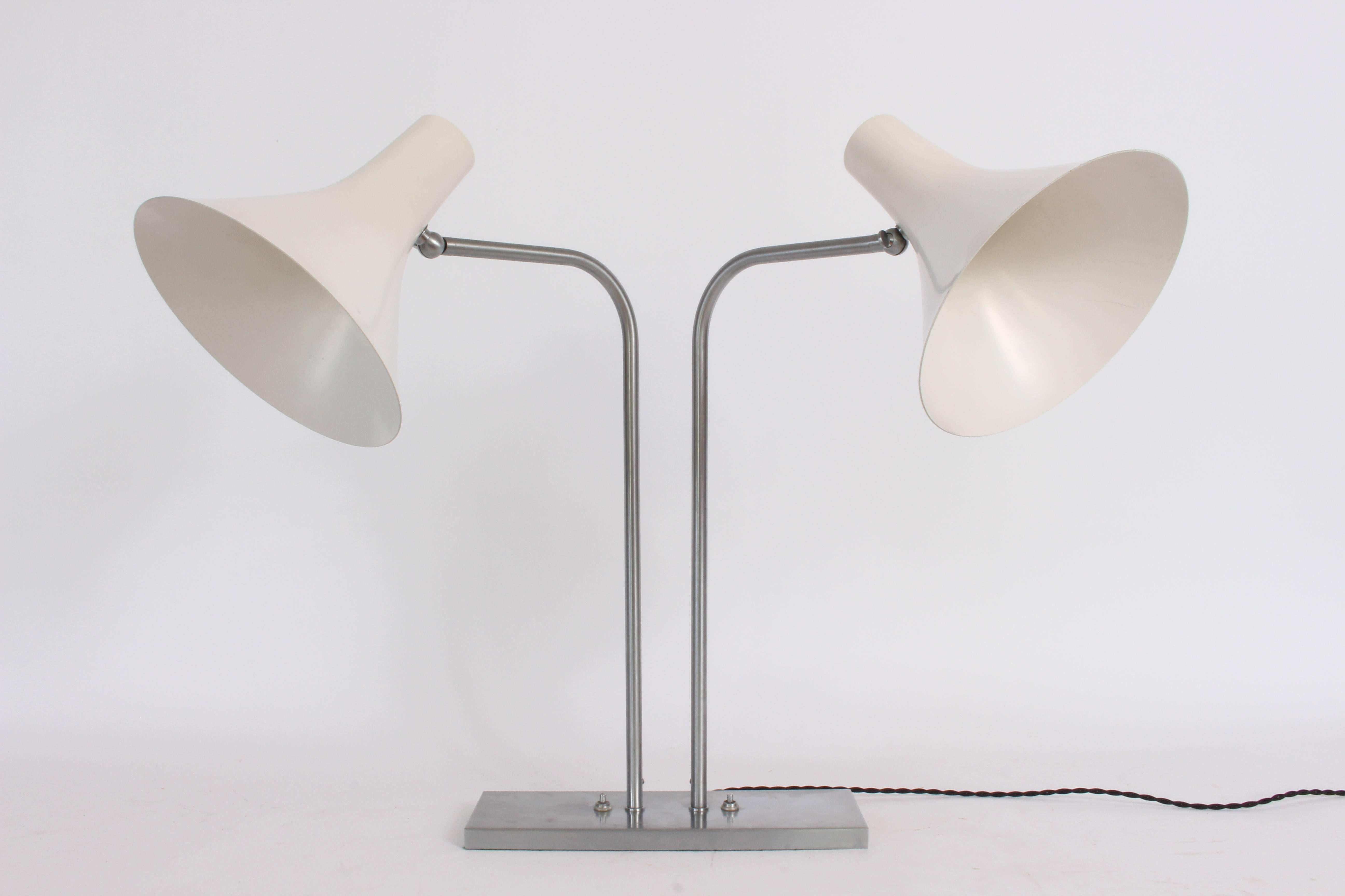 American Nessen Studios Brushed Nickel Double Arm Desk Lamp with White Enamel Shades