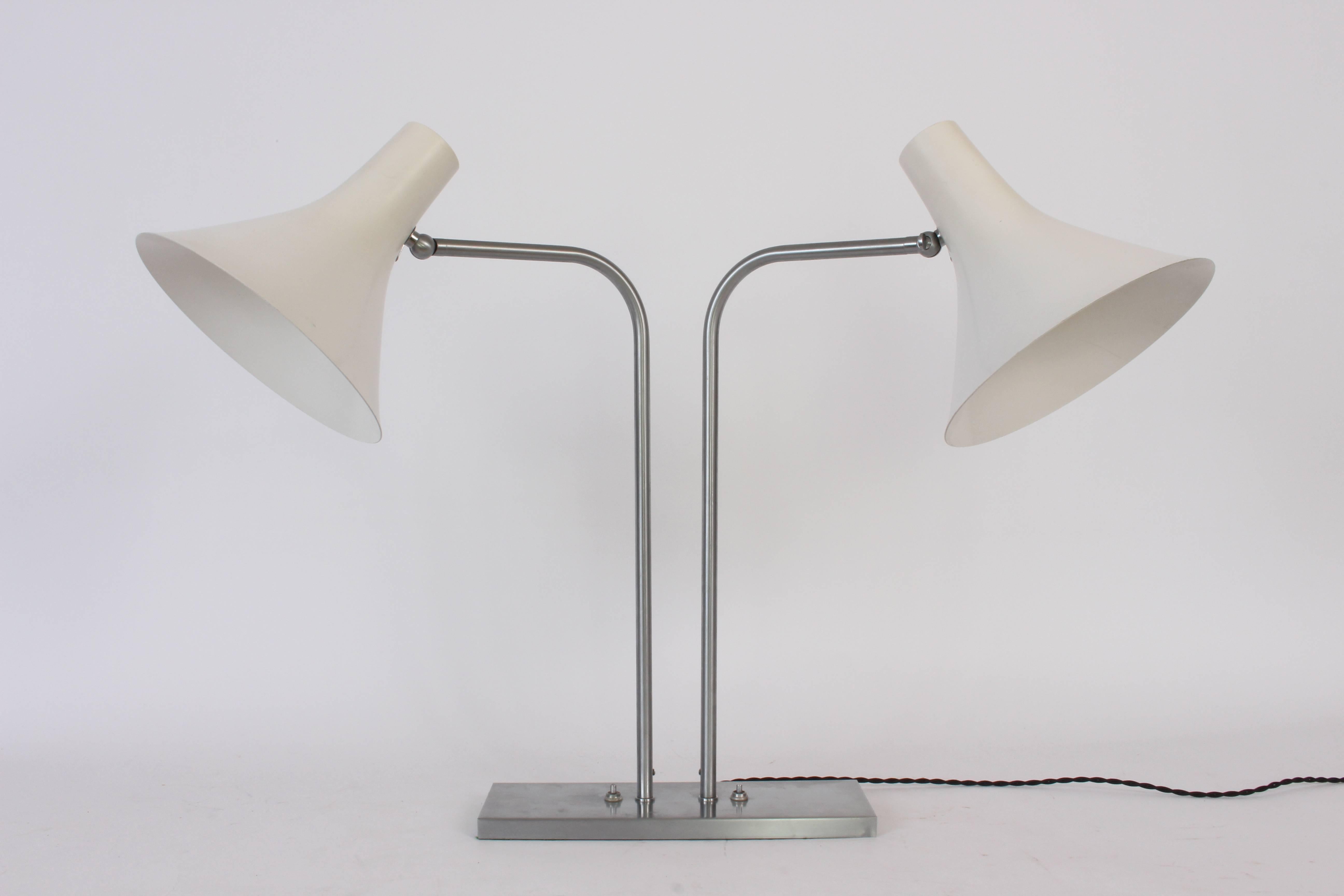 Enameled Nessen Studios Brushed Nickel Double Arm Desk Lamp with White Enamel Shades