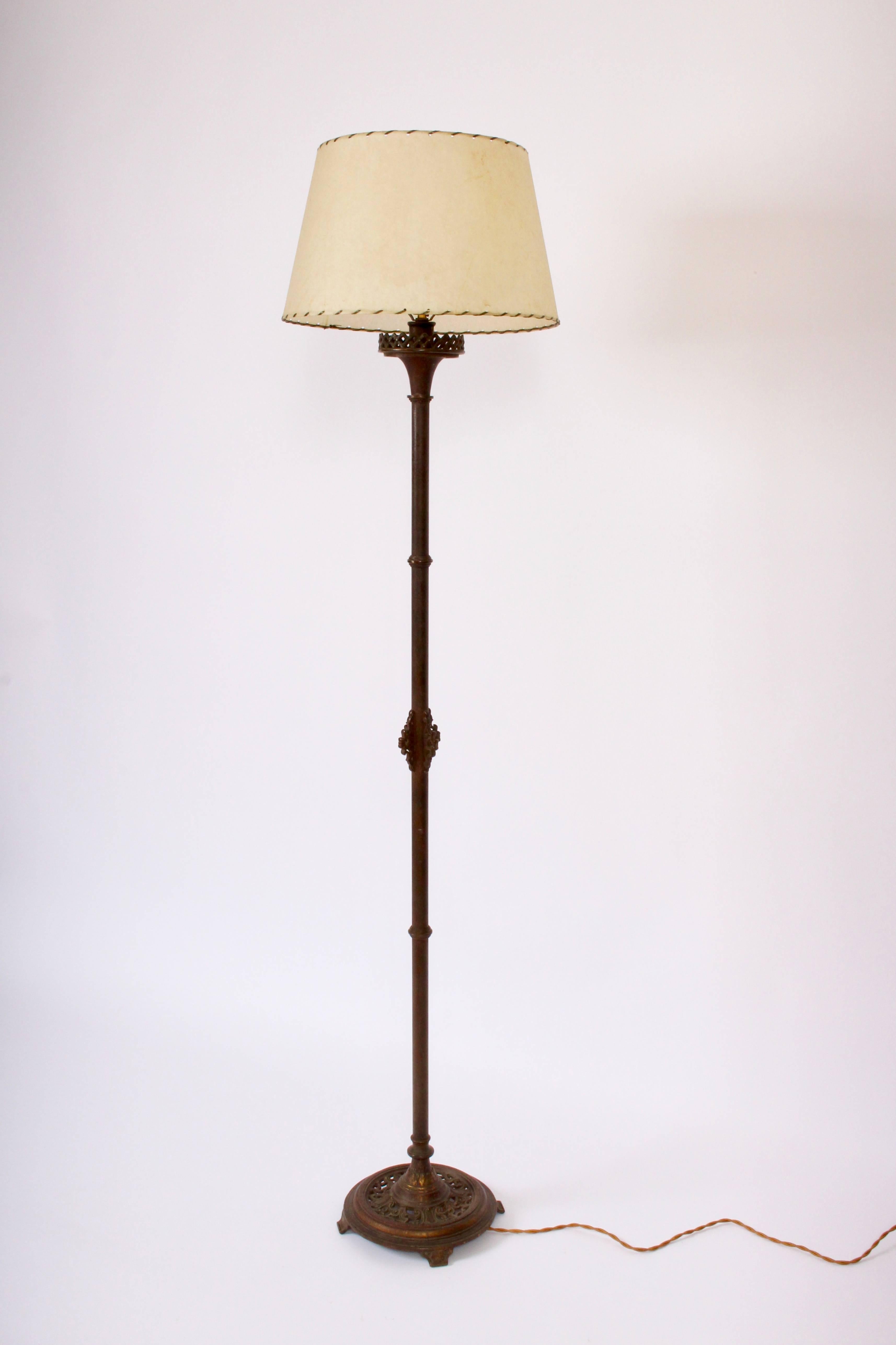 Oscar Bruno Bach for The Segar Studios All Bronze Floor Lamp from the Early 20th Century. Featuring detailed Bronze work with original patina, harp (8.5H) and finial. On round 10D base. Lamp shade shown for display only (9.5H x 11.5D top x 14.5D