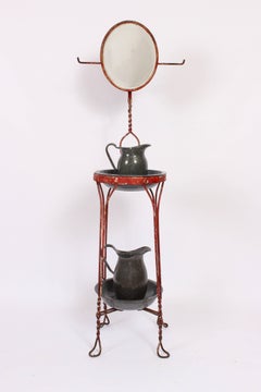 Circa 1900 Red Metal Wire "Twist " Two Tier Shaving Stand with Beveled Mirror