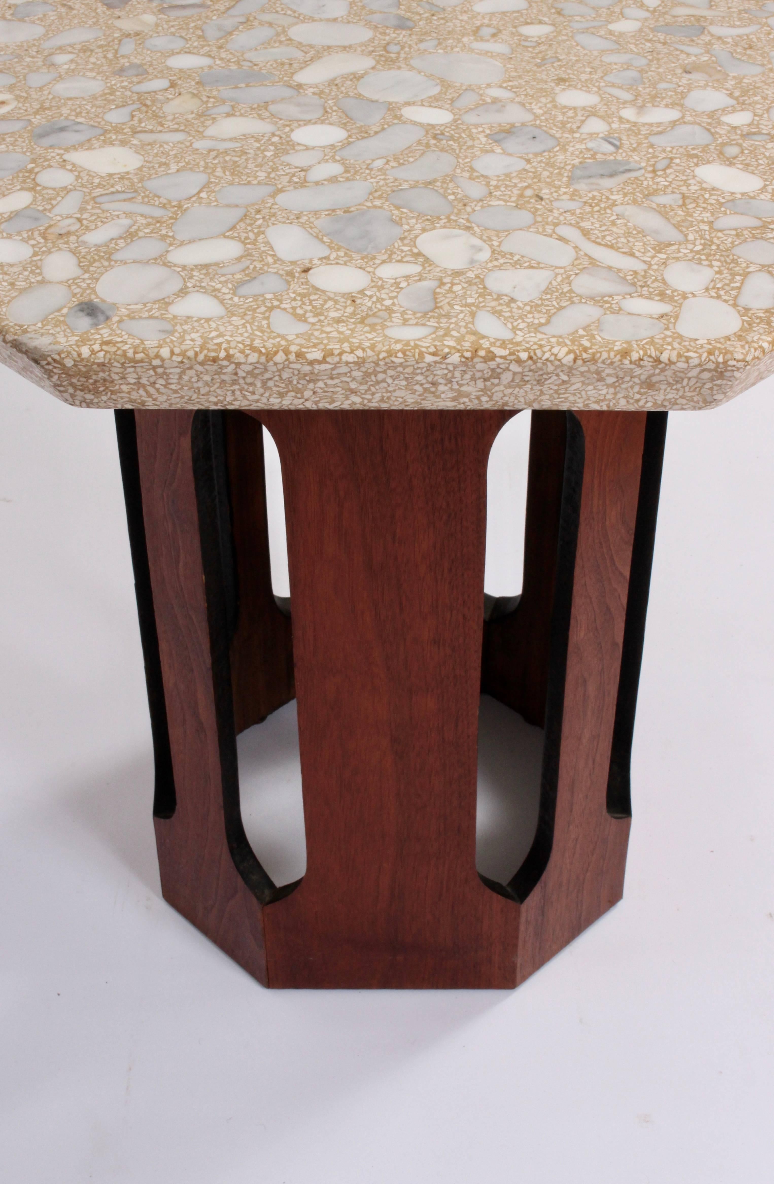 American Mid-Century Octagonal Travertine and Marble End Table by Harvey Probber. Featuring a dark stained Walnut octagon base with Black interior and larger octagonal terrazzo surface in Beige, White and Gray. One piece. Walnut base 12D. Small