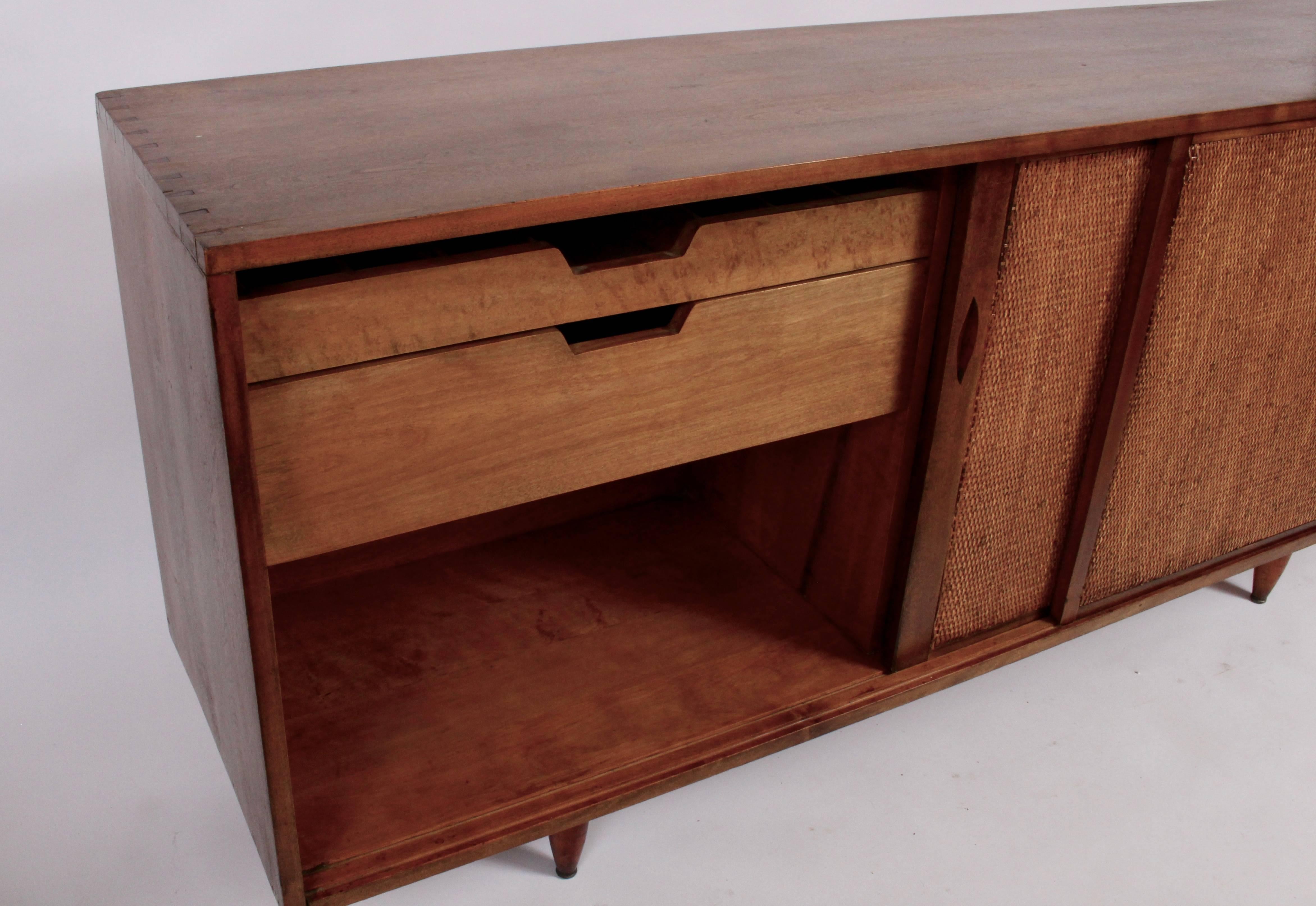 American Phillip Lloyd Powell Walnut and Split Reed Credenza, 1950's