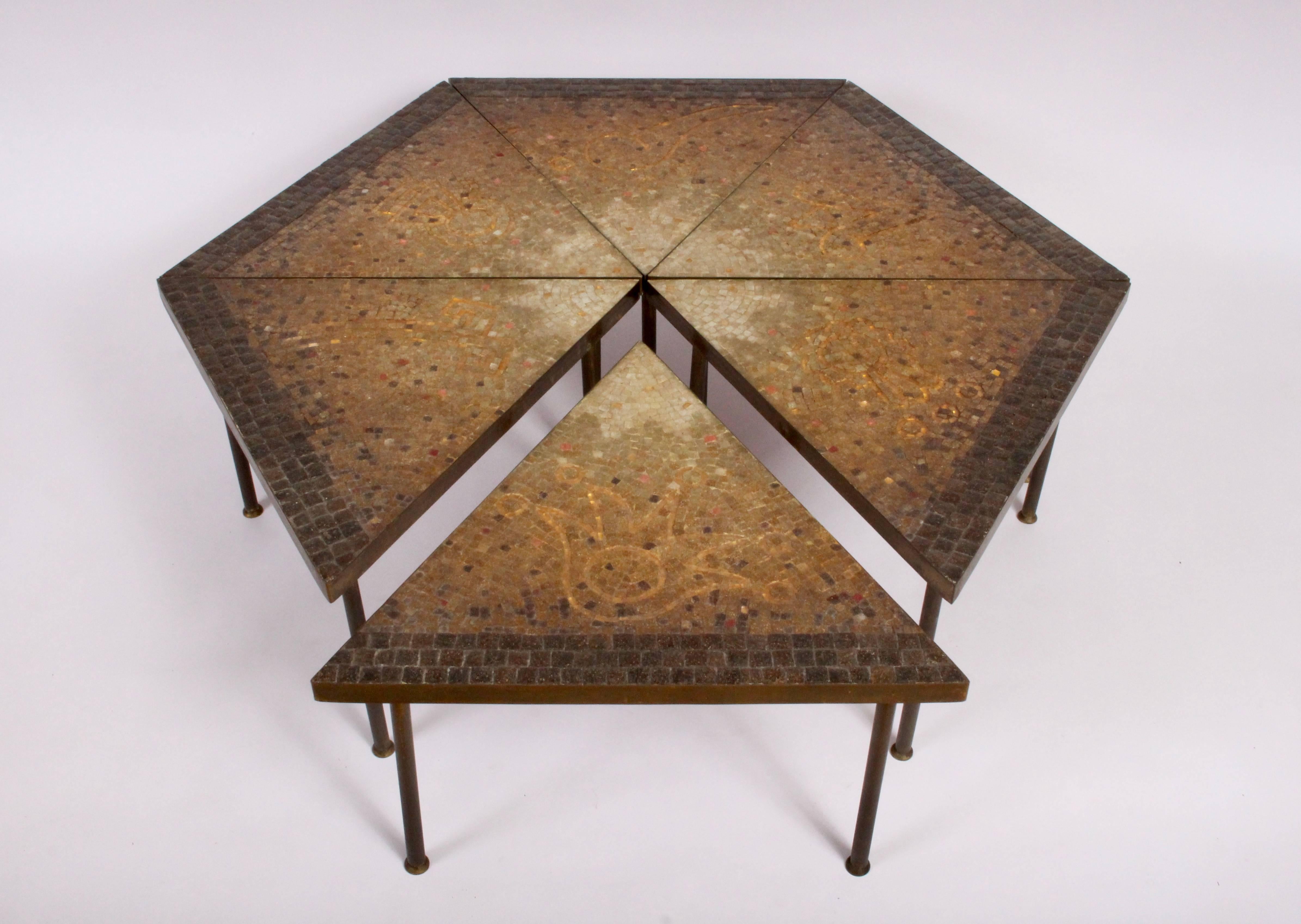 1950s Signed Six Piece Studio Mosaic Table by Genaro Alvarez. Featuring a triangular, interchangeable six-piece configuration.  WIth Gold mirror tile glass tile set within an earthen environment of Brown, Sienna, Ochre, Crème and White Terrazzo,