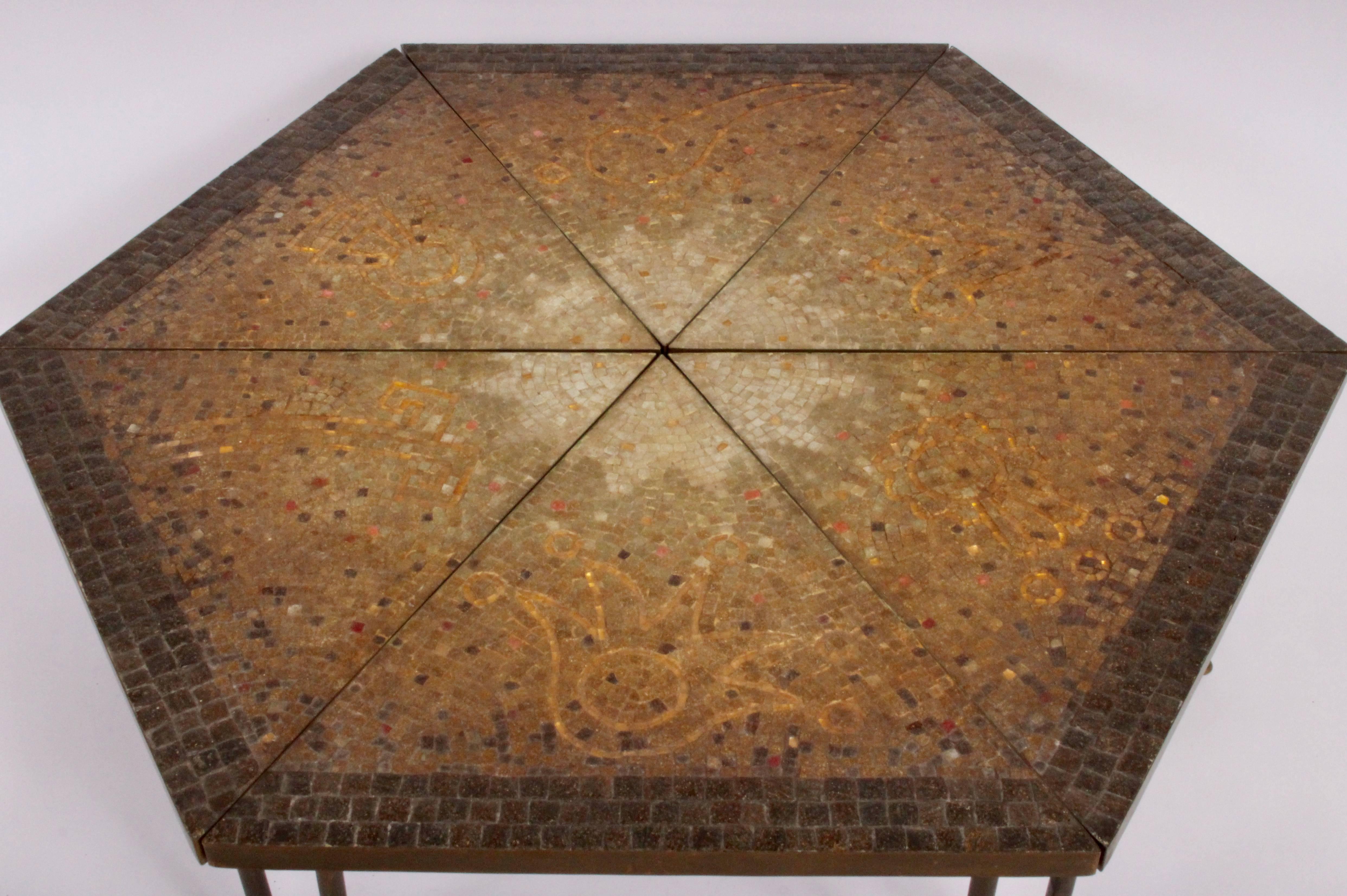 Mid-Century Modern Genaro Alvarez Six-Piece Glass Mosaic Tile and Brass Aztec Coffee Table, 1950s