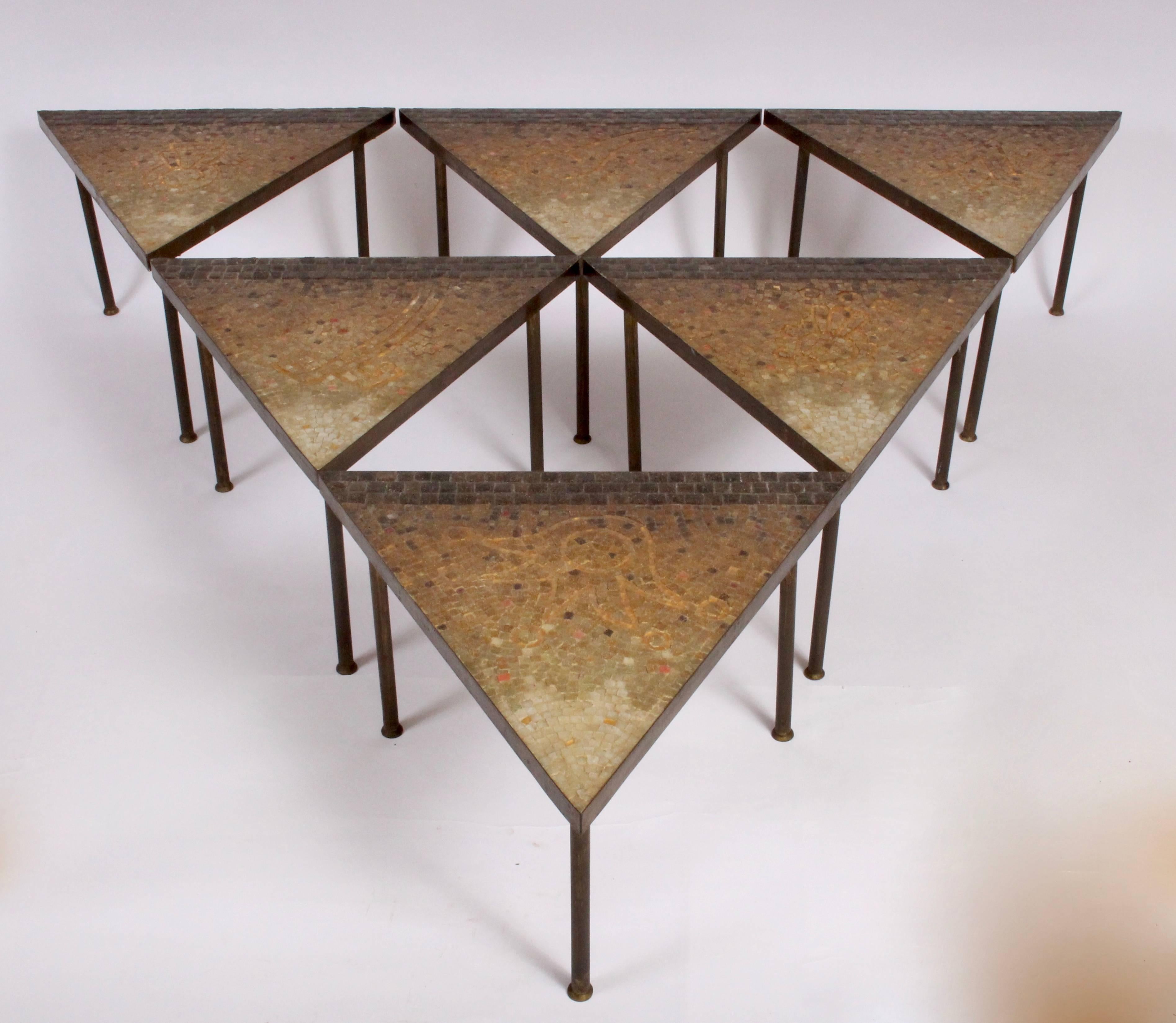 Genaro Alvarez Six-Piece Glass Mosaic Tile and Brass Aztec Coffee Table, 1950s 3