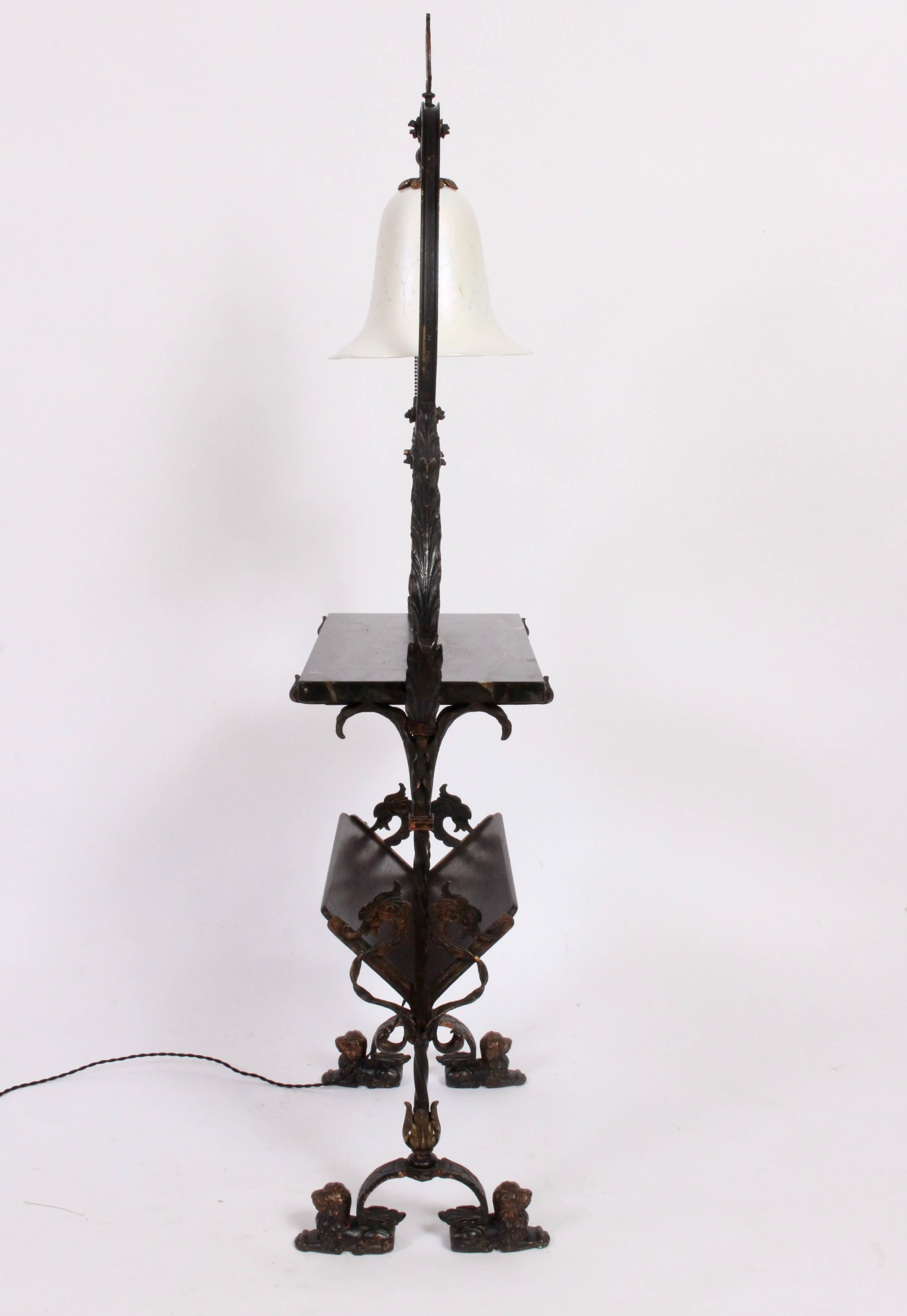 Oscar Bach Illuminating Console in Bronze, Iron, Wood & Marble with Steuben Shade, C. 1900. Featuring a handcrafted Bronze and Iron framework, Steuben iridescent White Art Glass bell shade (8H x 9.5D), Bronze finial, pull chain, rectangular dark