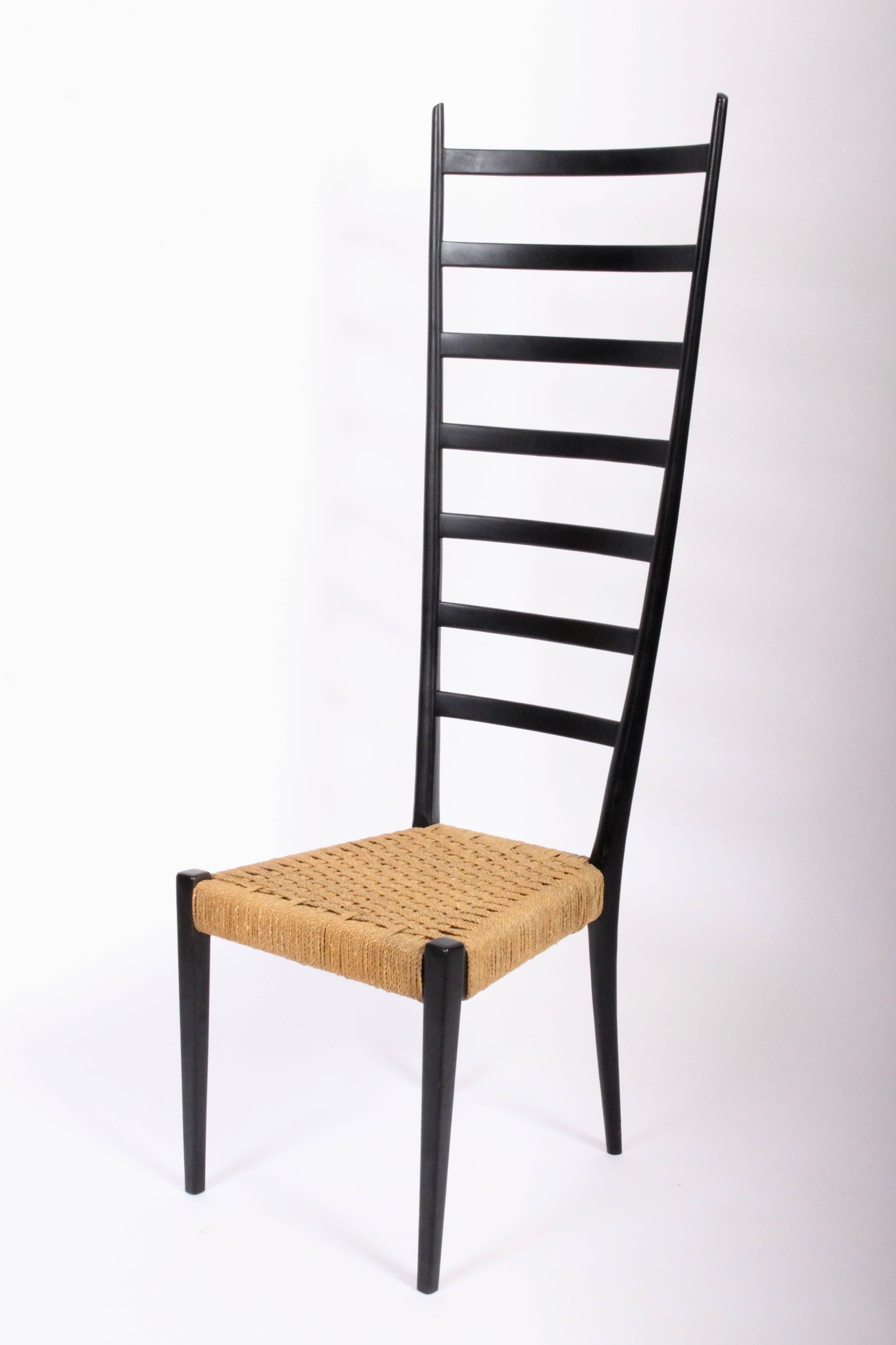 Italian Chiavari Extra Tall Black Ladder Back Chair with Rush seat, Circa 1960