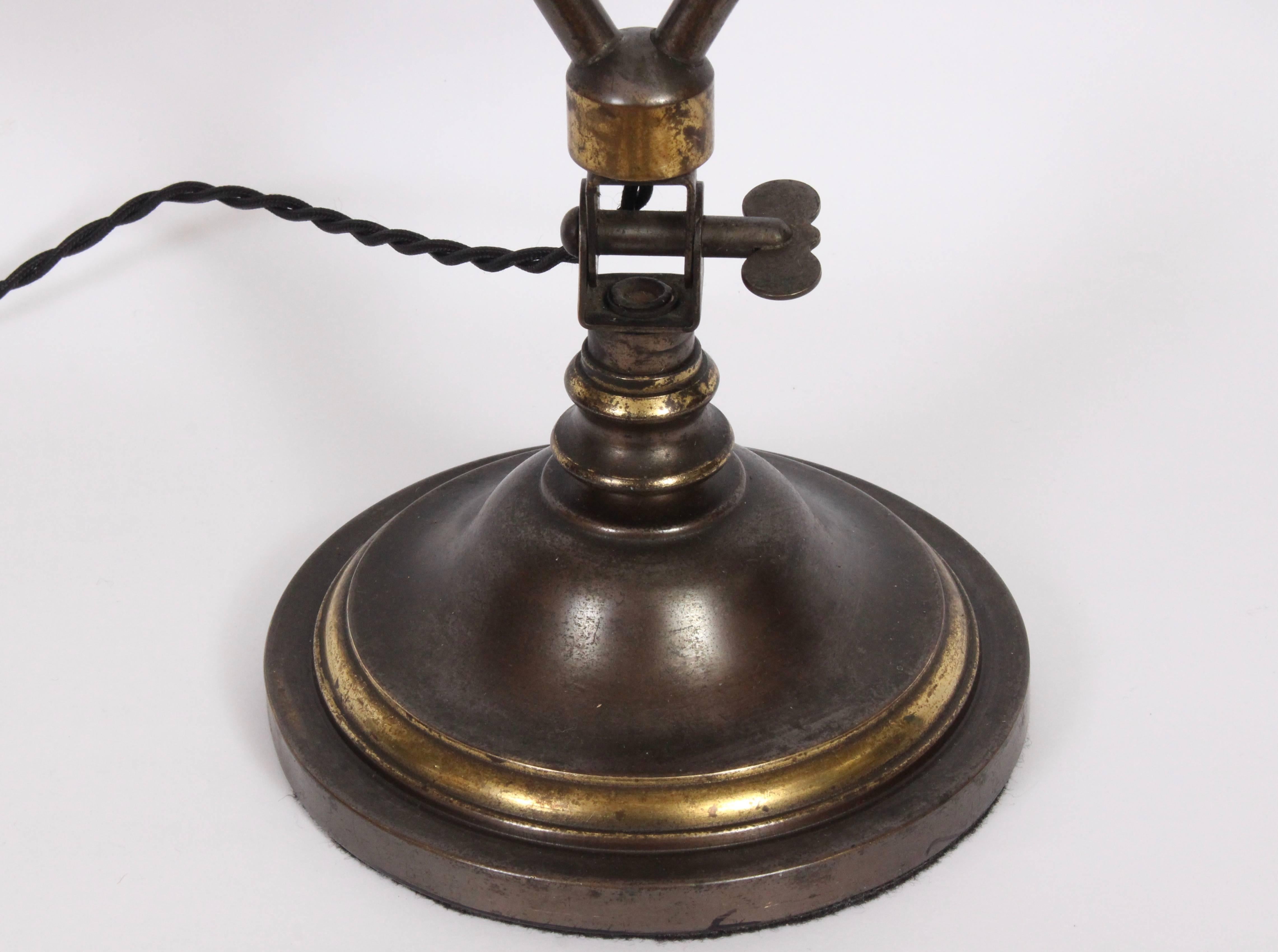Edwardian Bradley & Hubbard Brass Harp Pharmacy Desk Lamp with Glass Bell Shade circa 1910