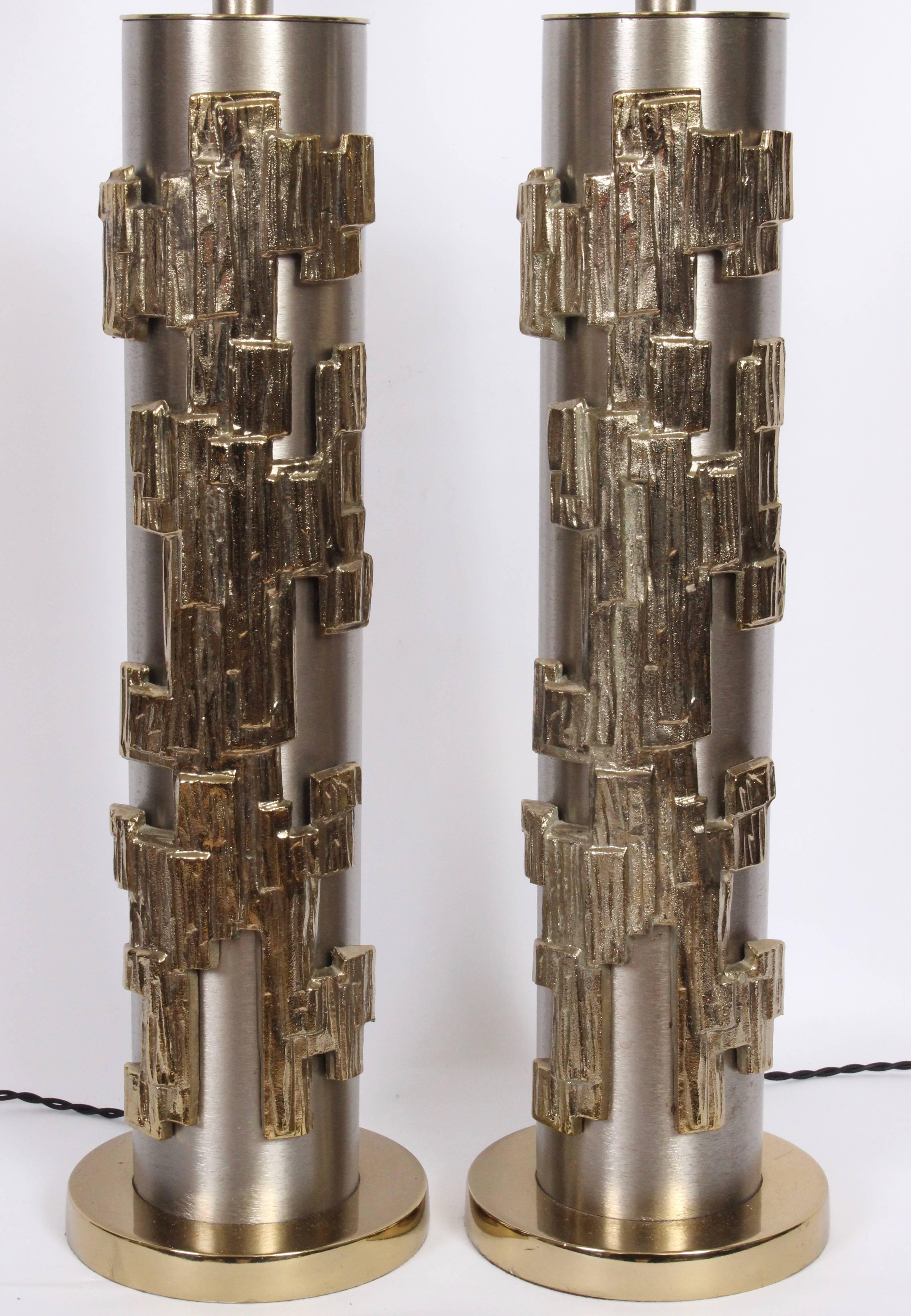 Tall Pair of Laurel Lamp Co. Brushed Steel & Brass Relief Brutalist Table Lamps  In Good Condition In Bainbridge, NY