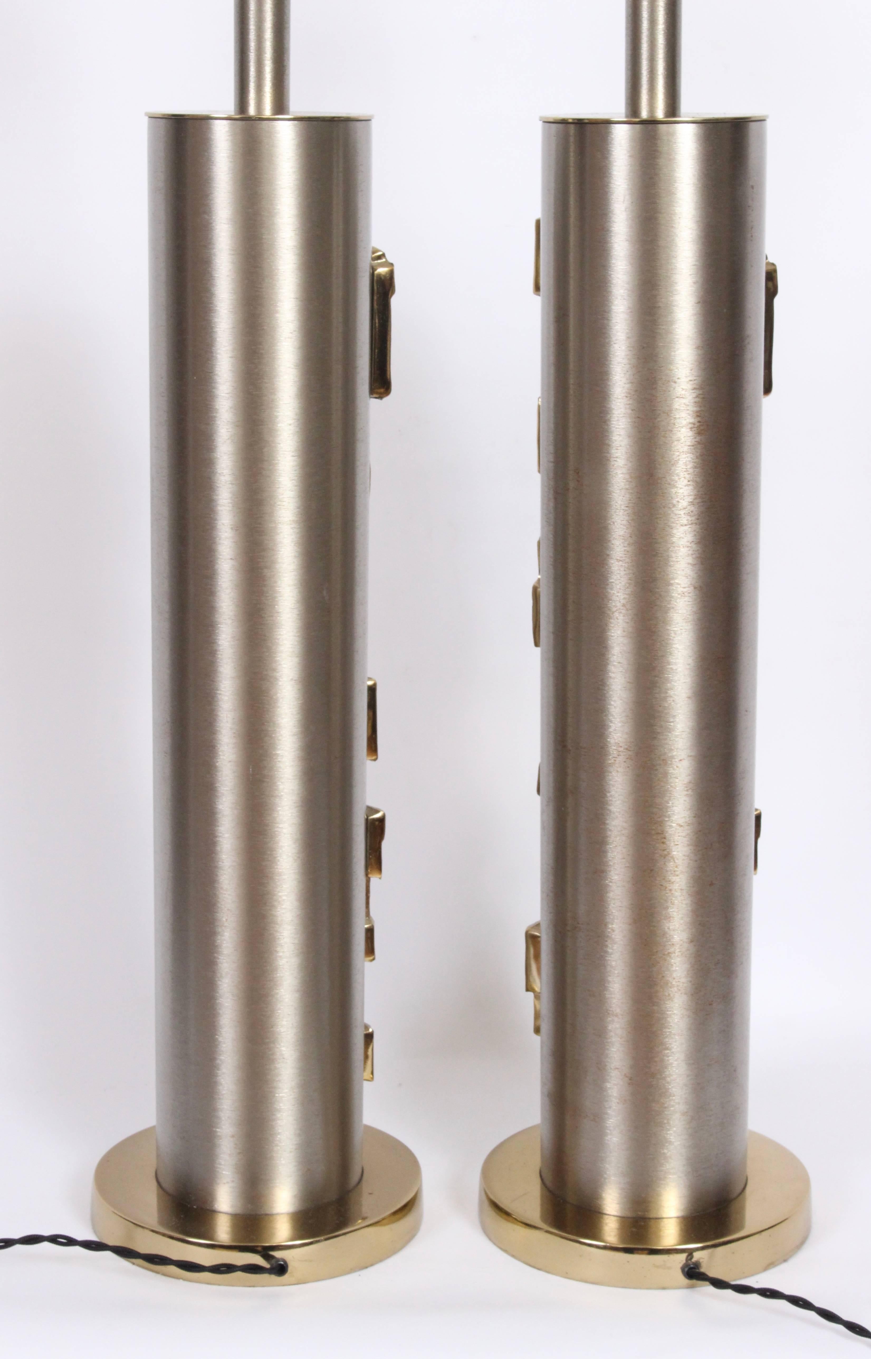 Mid-20th Century Tall Pair of Laurel Lamp Co. Brushed Steel & Brass Relief Brutalist Table Lamps 