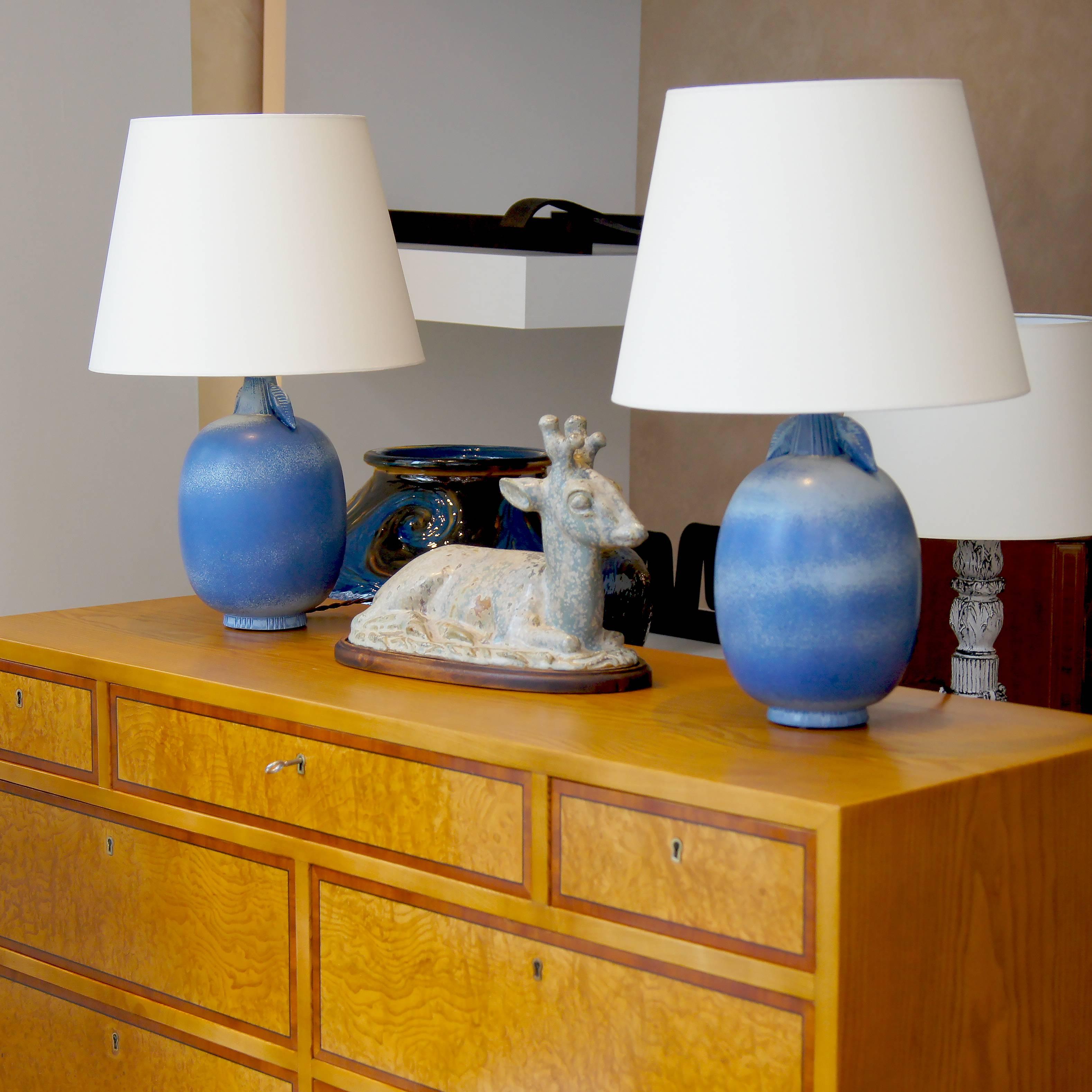 Glazed Pair of Table Lamps in Airy French Blues by Gunnar Nylund