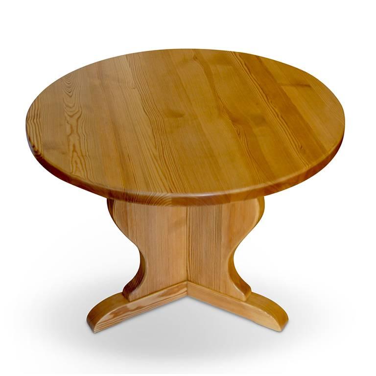 Round side table from the “Lovö” series by Axel Einar Hjorth (1888-1959) for Nordiska Kompaniet, a Modernist, rationalized interpretation of a traditional table type with pedestal in three planes with silhouetted sides, in solid pine, Sweden,