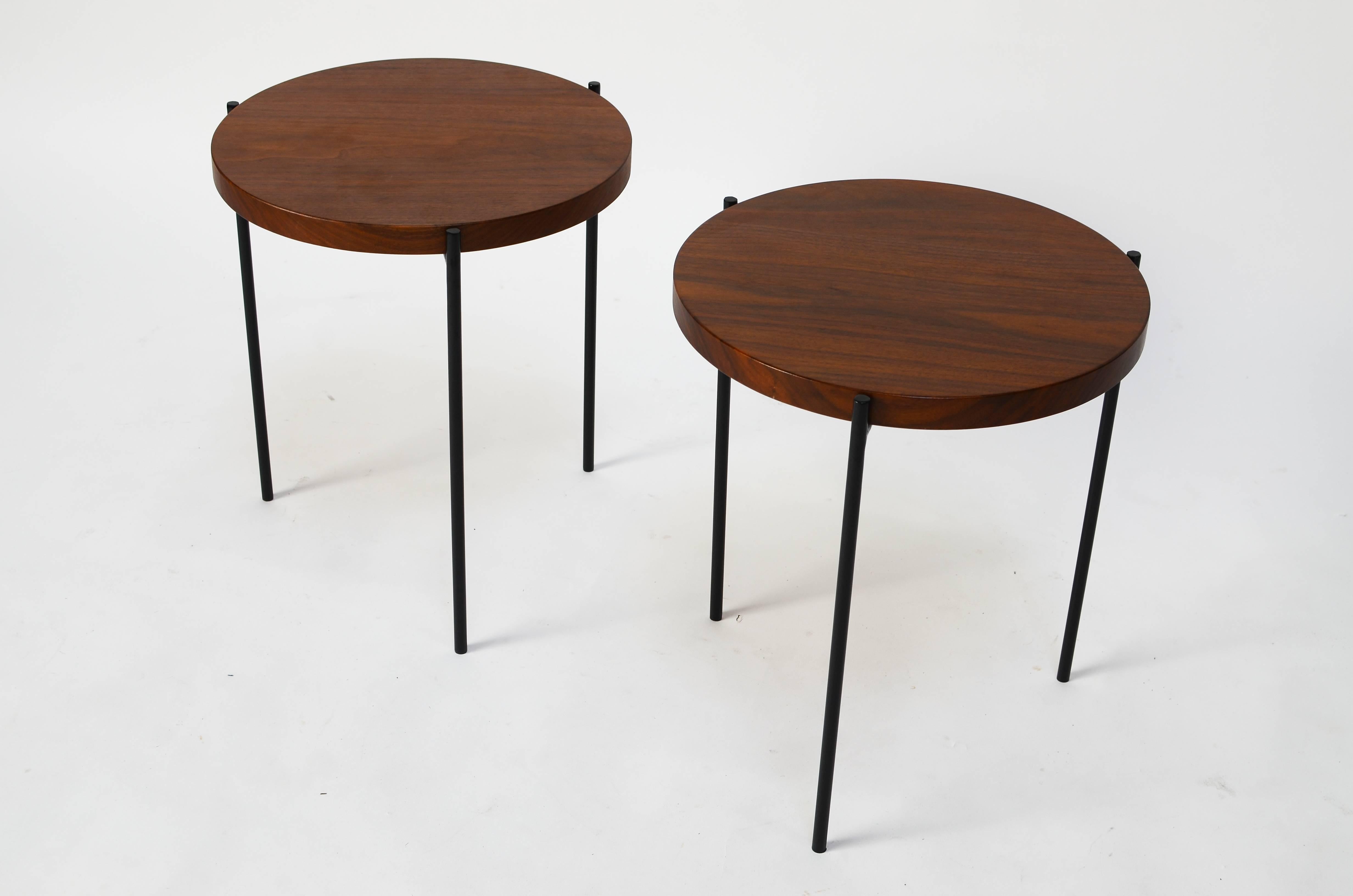 Contemporary Iron and Walnut Tripod Side/Stacking Tables by Just in Modern For Sale