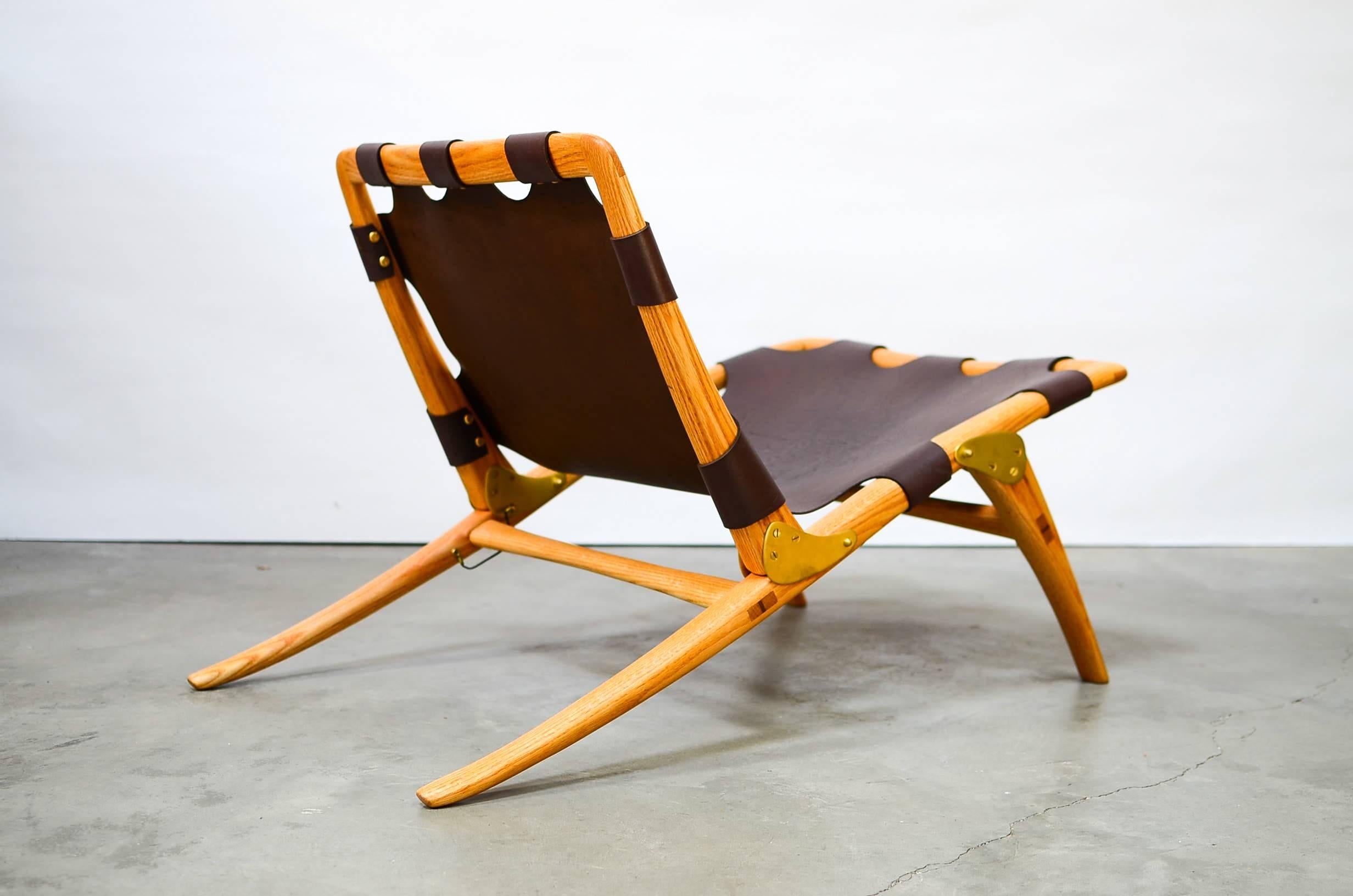 American Eastern Red Oak and Leather Sling Lounge Chair by Dean Santner, 1971 For Sale